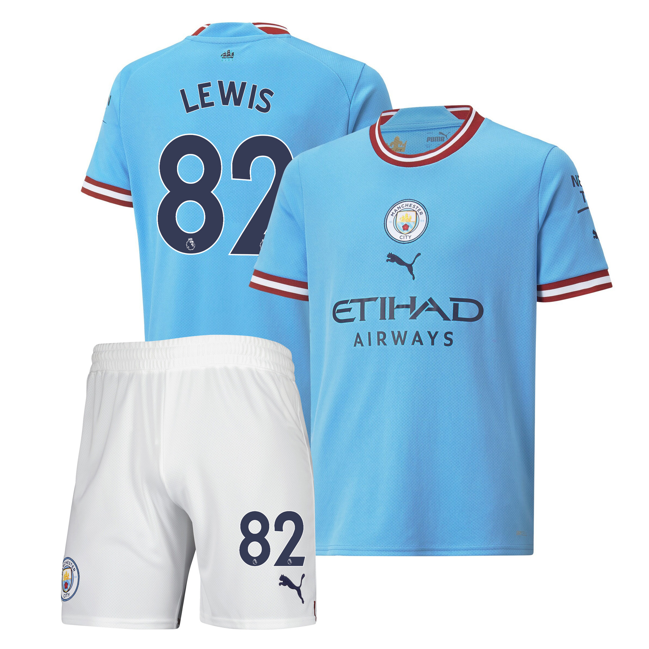 Rico Lewis 82 Manchester City Home Kit 2022-23 Soccer Jersey – Sky Blue