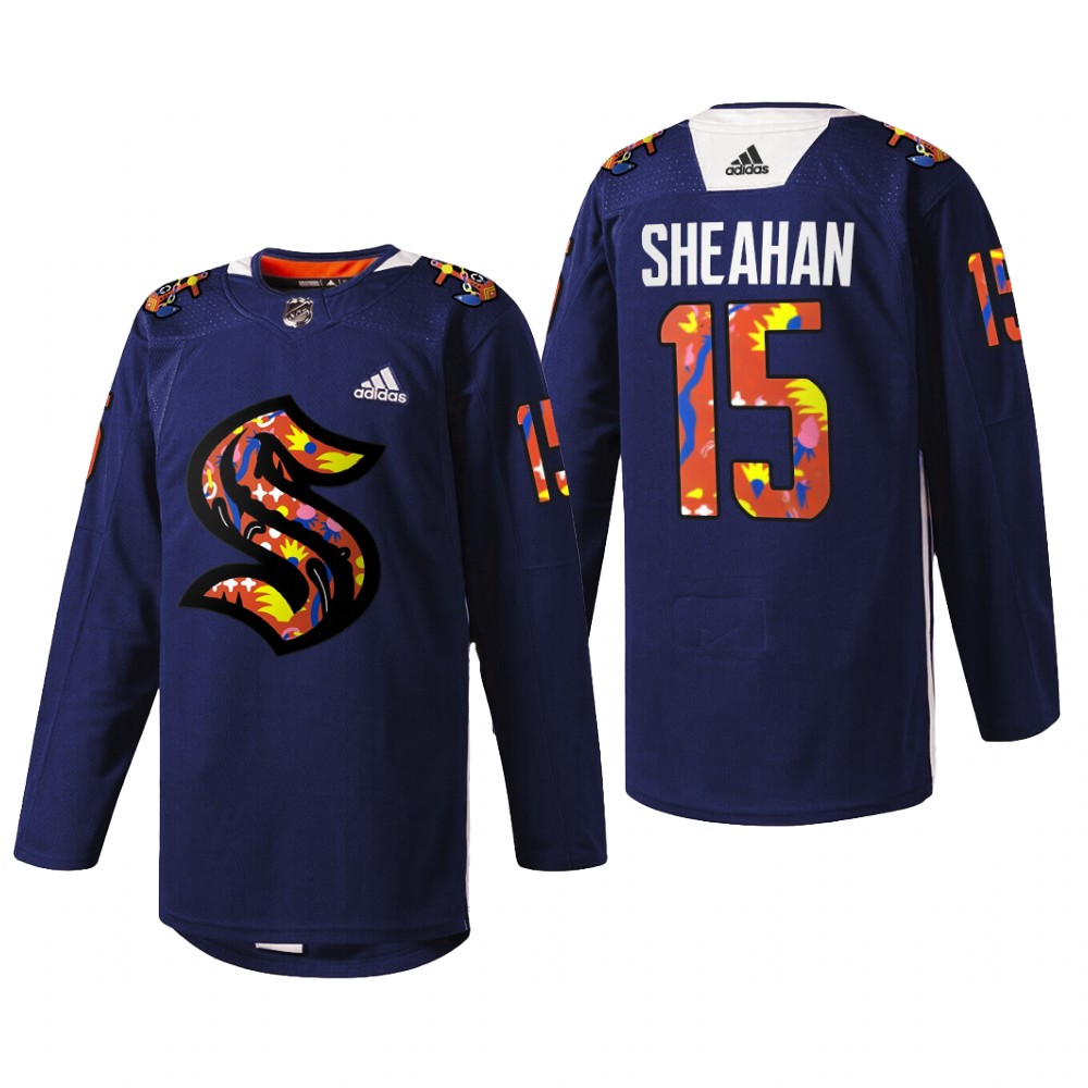 Riley Sheahan Seattle Kraken Women of Jersey Navy #15 Stevie Artwork Warmup