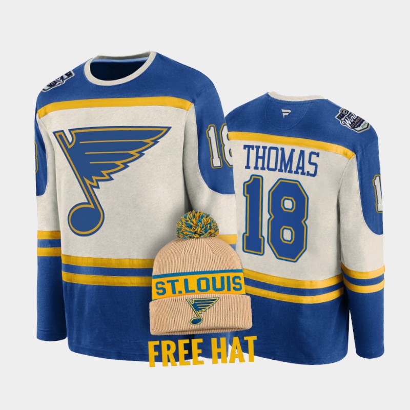 Robert Thomas St. Louis Blues 2022 Winter Classic #18 T-Shirt Free Hat Blue Cream Retro Archival