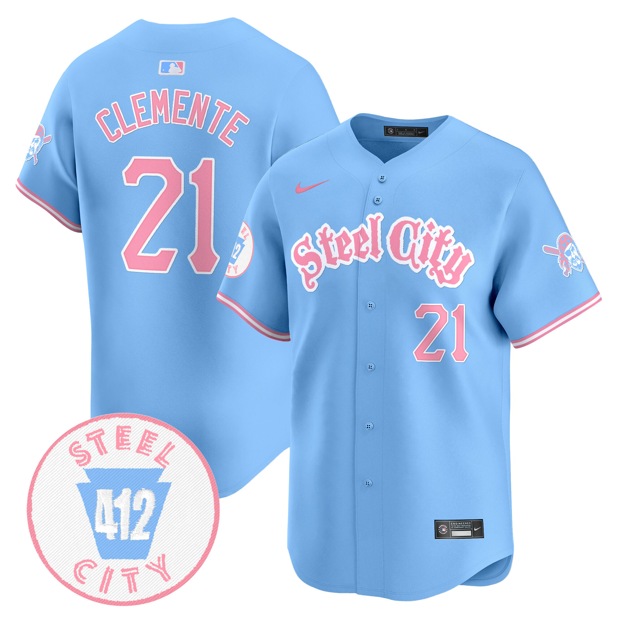 Roberto ClementeUnisex Pittsburgh Pirates Bubblegum Pink Vapor Premier Limited Light Blue Jersey V2 - All Stitched