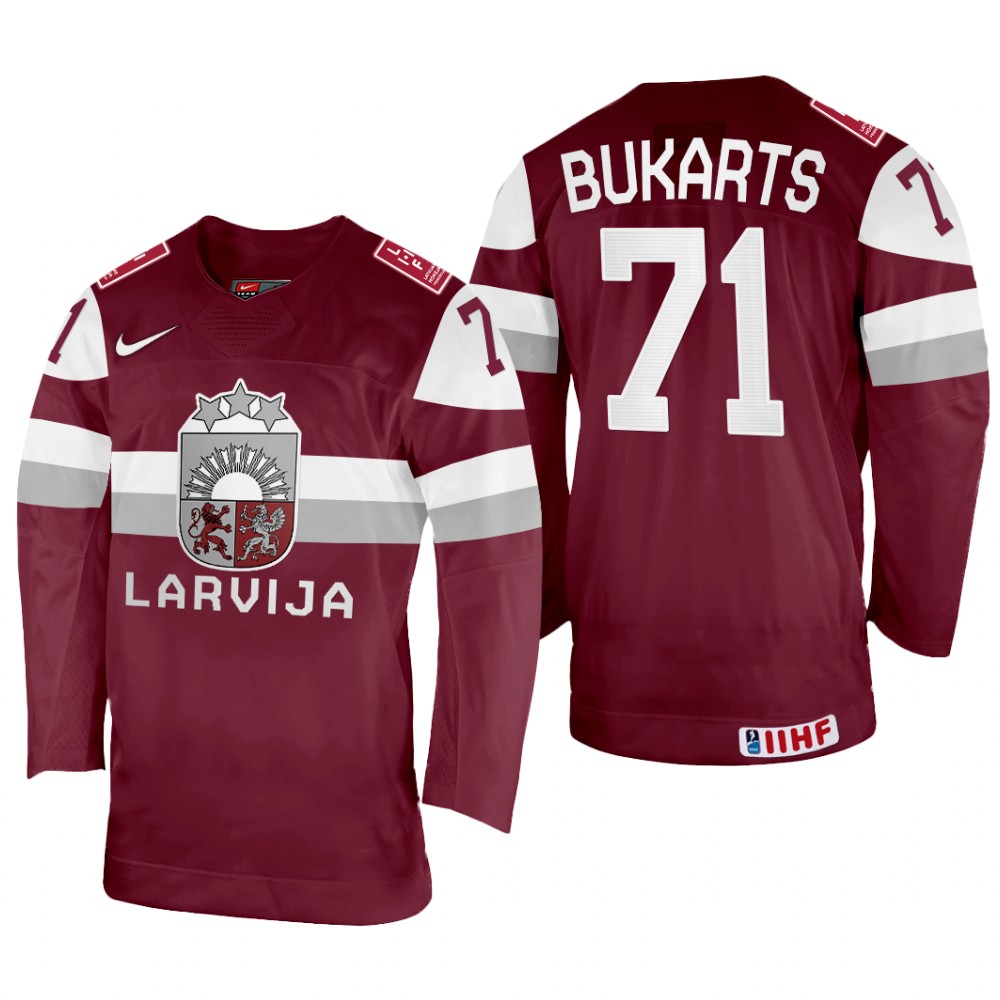 Roberts Bukarts Latvia Maroon Away Jersey 2022 IIHF World Championship