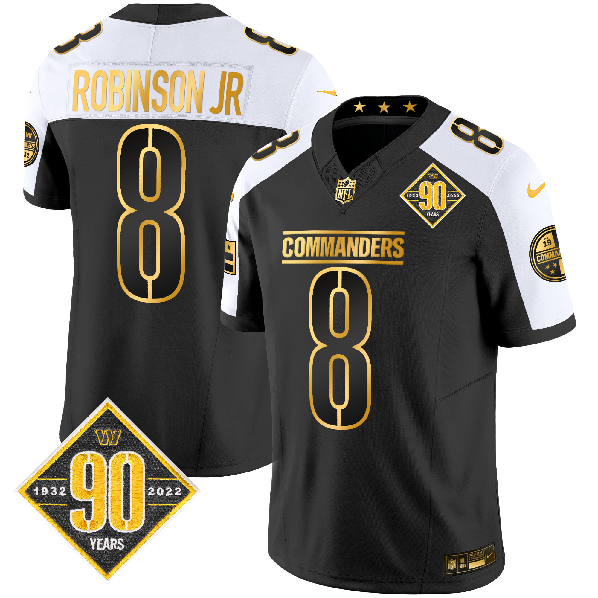 Robinson Jr Men's Washington Commanders 90th Anniversary Patch Gold Vapor Alternate Jersey - All Stitched 