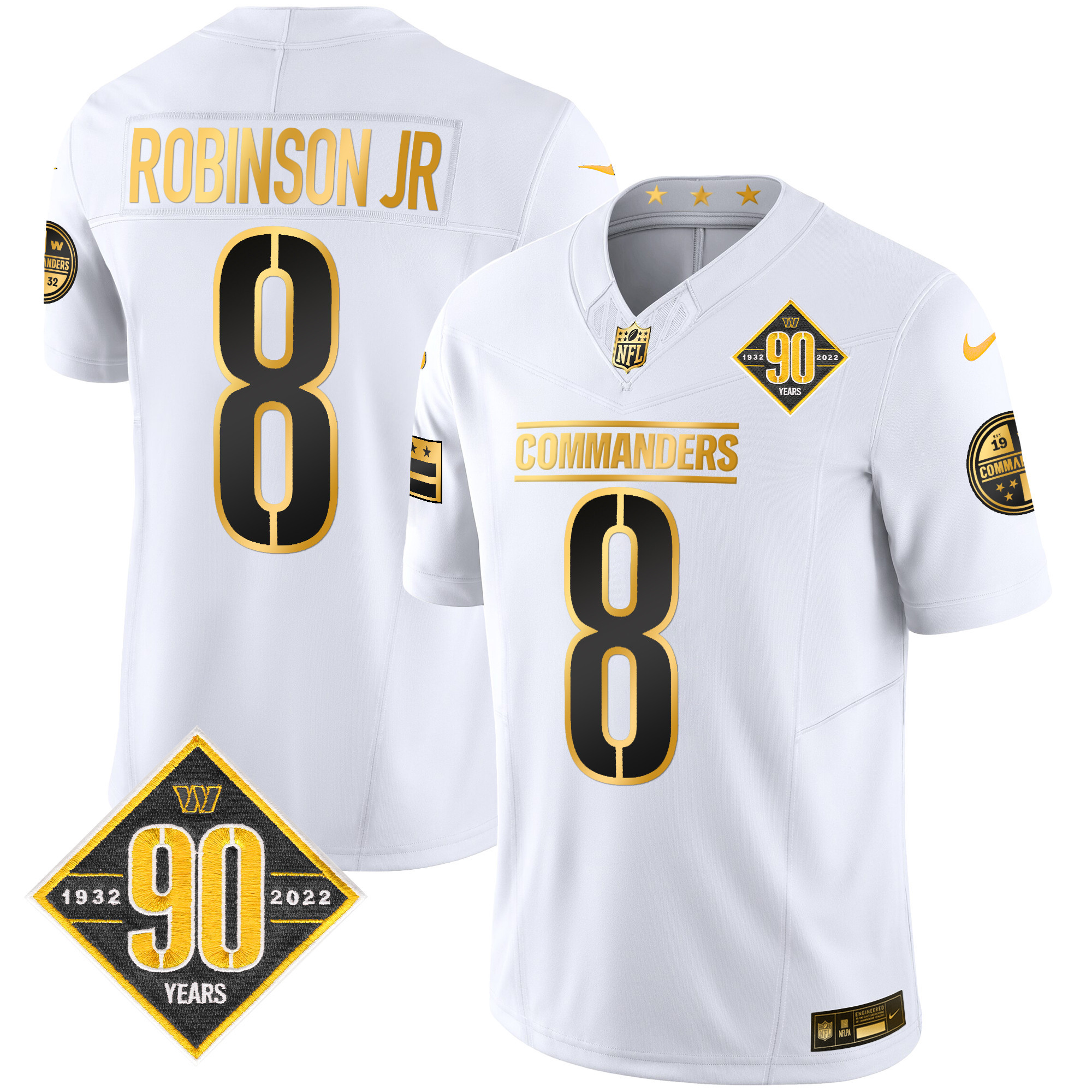 Robinson Jr Men's Washington Commanders 90th Anniversary Patch Gold Vapor White Gold Jersey - All Stitched 