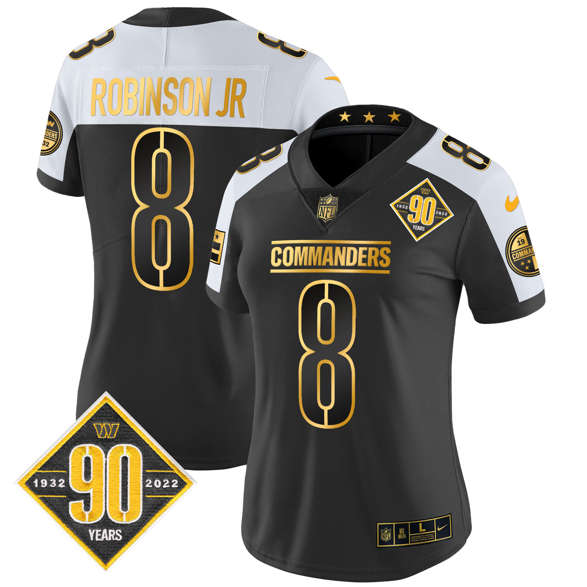 Robinson Jr Women's Washington Commanders 90th Anniversary Patch Gold Vapor Alternate Jersey - All Stitched 