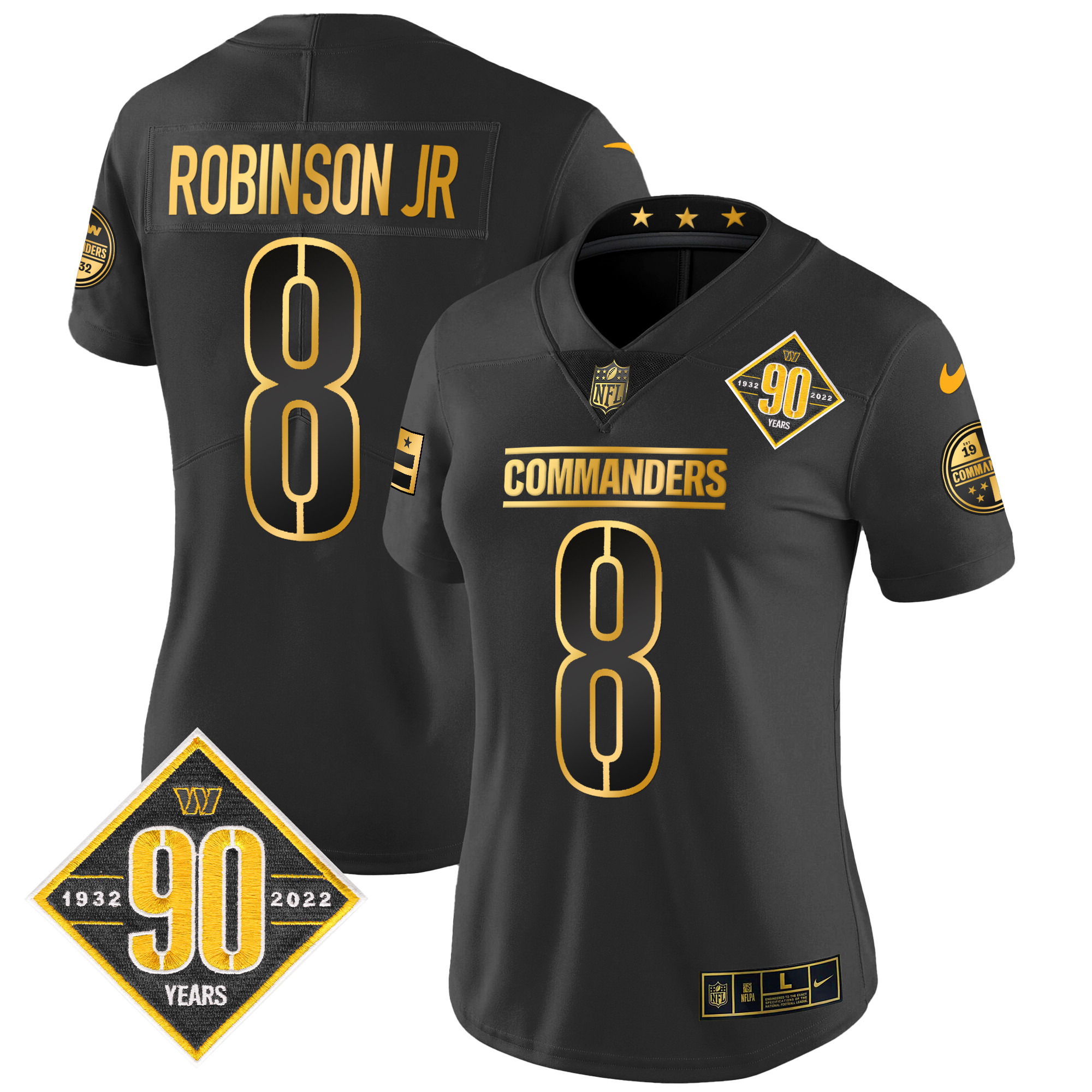 Robinson Jr Women's Washington Commanders 90th Anniversary Patch Gold Vapor Black Gold Jersey - All Stitched 