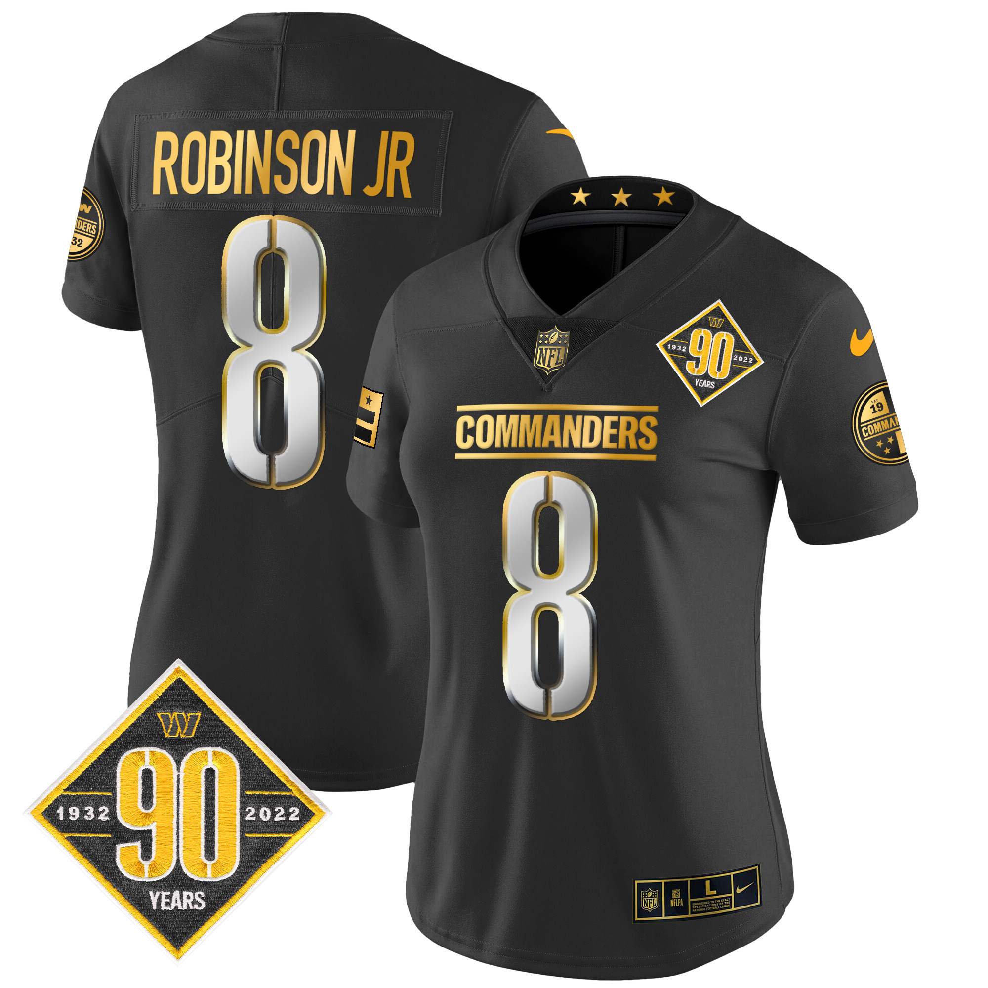 Robinson Jr Women's Washington Commanders 90th Anniversary Patch Gold Vapor Black Limited Jersey - All Stitched 