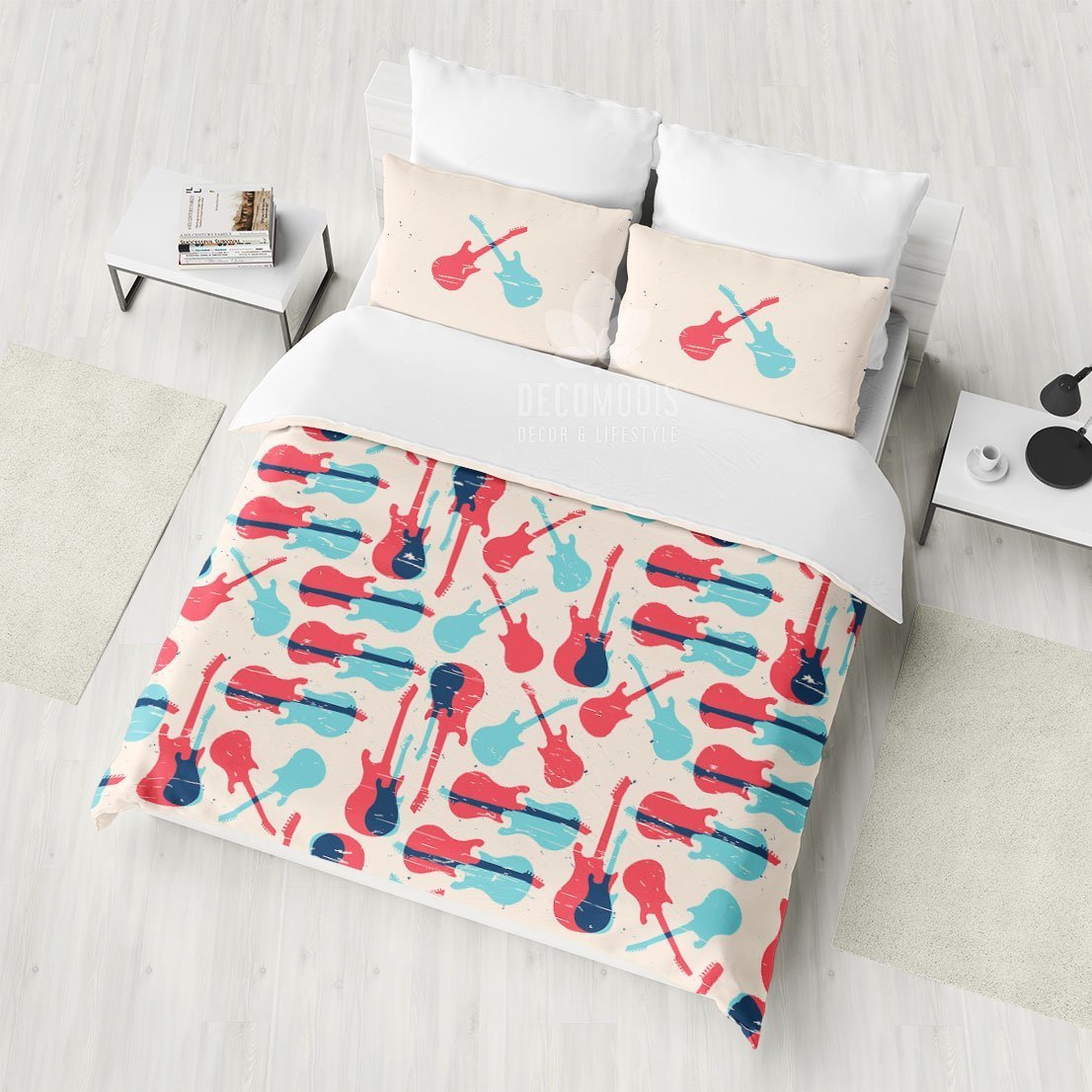 Rock Roll , Retro Guitars , Vintage Music , Retro Pattern Duvet Cover Bedding Set