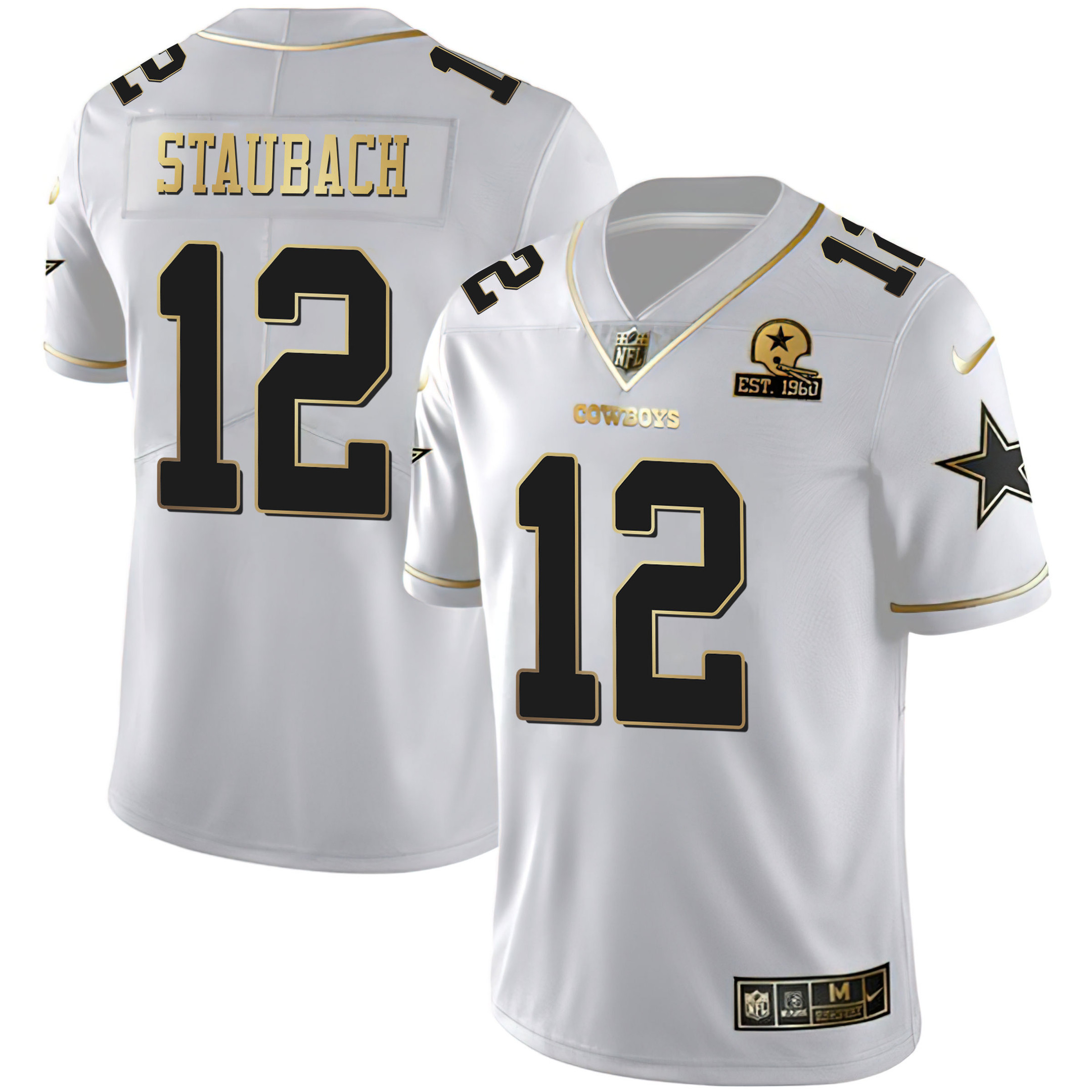 Roger Staubach Dallas Cowboys White Gold Est 1960 Patch Jersey - All Stitched 