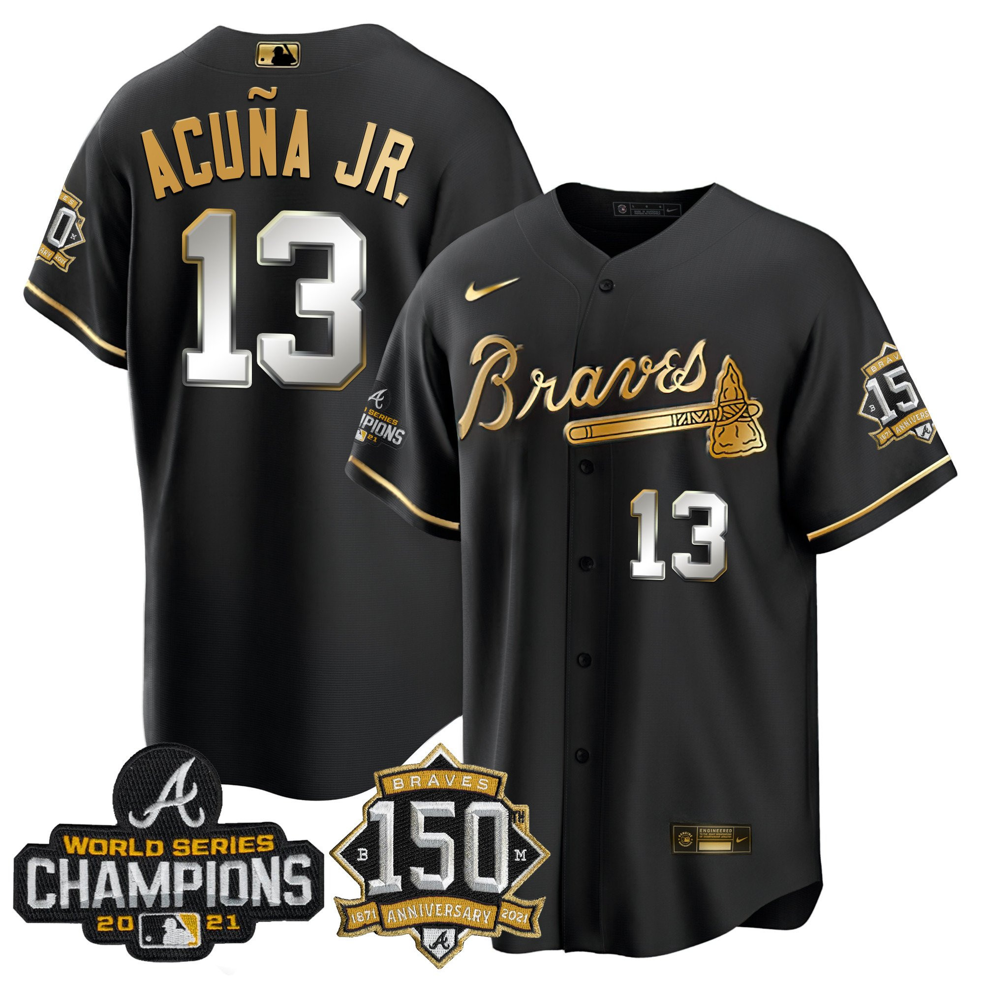 Ronald Acuna Jr. Atlanta Braves World Series Champion Black Gold Cool Base Jersey - All Stitched