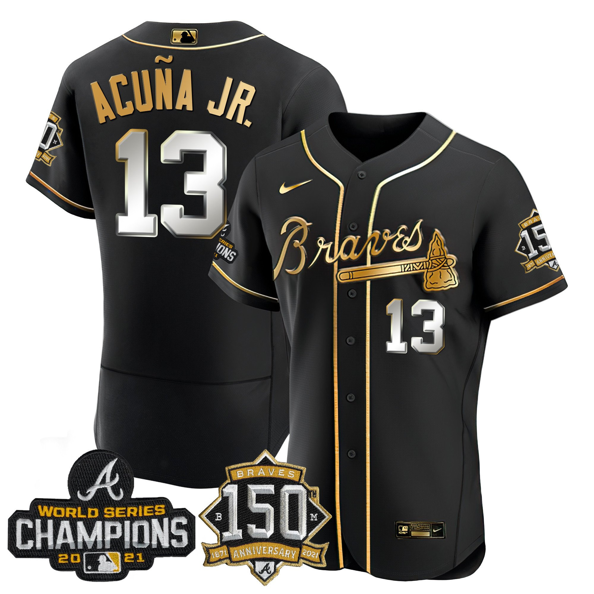 Ronald Acuna Jr. Atlanta Braves World Series Champion Black Gold Flex Base Jersey - All Stitched