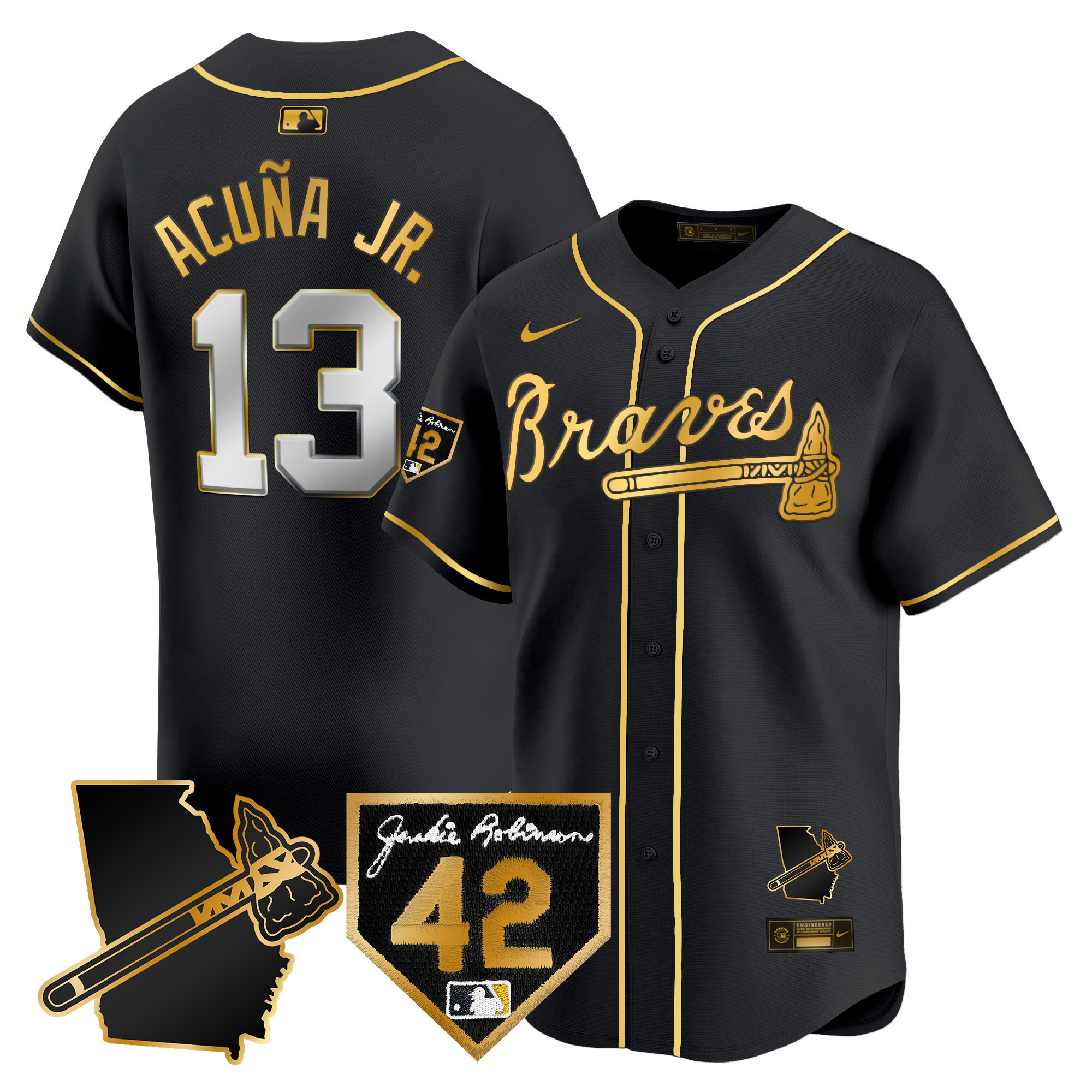 Ronald Acuna Jr. Men's Atlanta Braves 2024 Robinson & Georgia Patch Vapor Premier Limited Black Gold Jersey - All Stitched