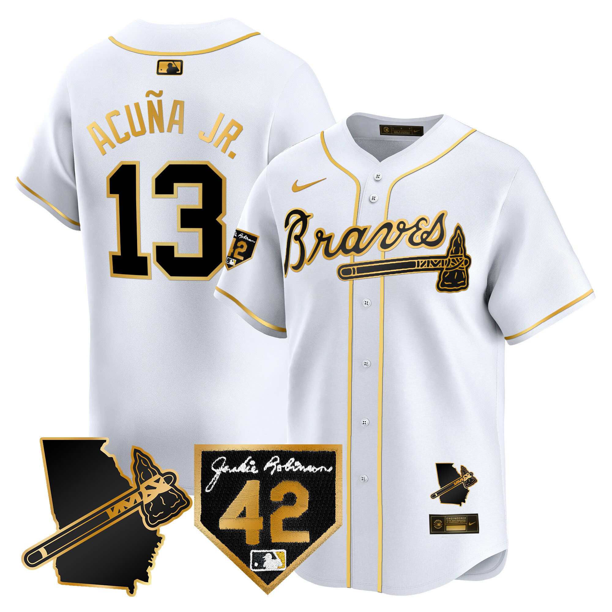 Ronald Acuna Jr. Men's Atlanta Braves 2024 Robinson & Georgia Patch Vapor Premier Limited White Gold Jersey - All Stitched