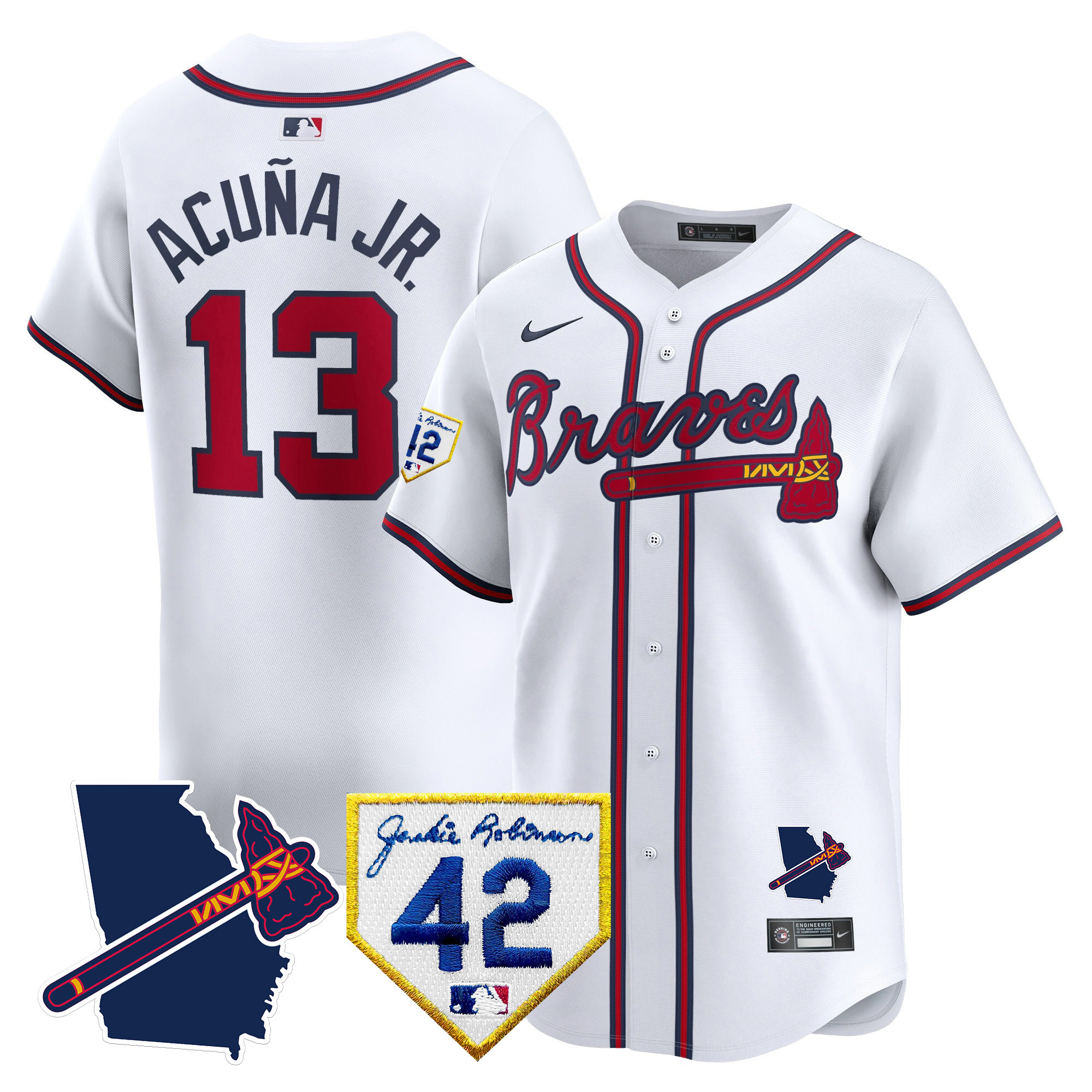 Ronald Acuna Jr. Men's Atlanta Braves 2024 Robinson & Georgia Patch Vapor Premier Limited White Jersey - All Stitched