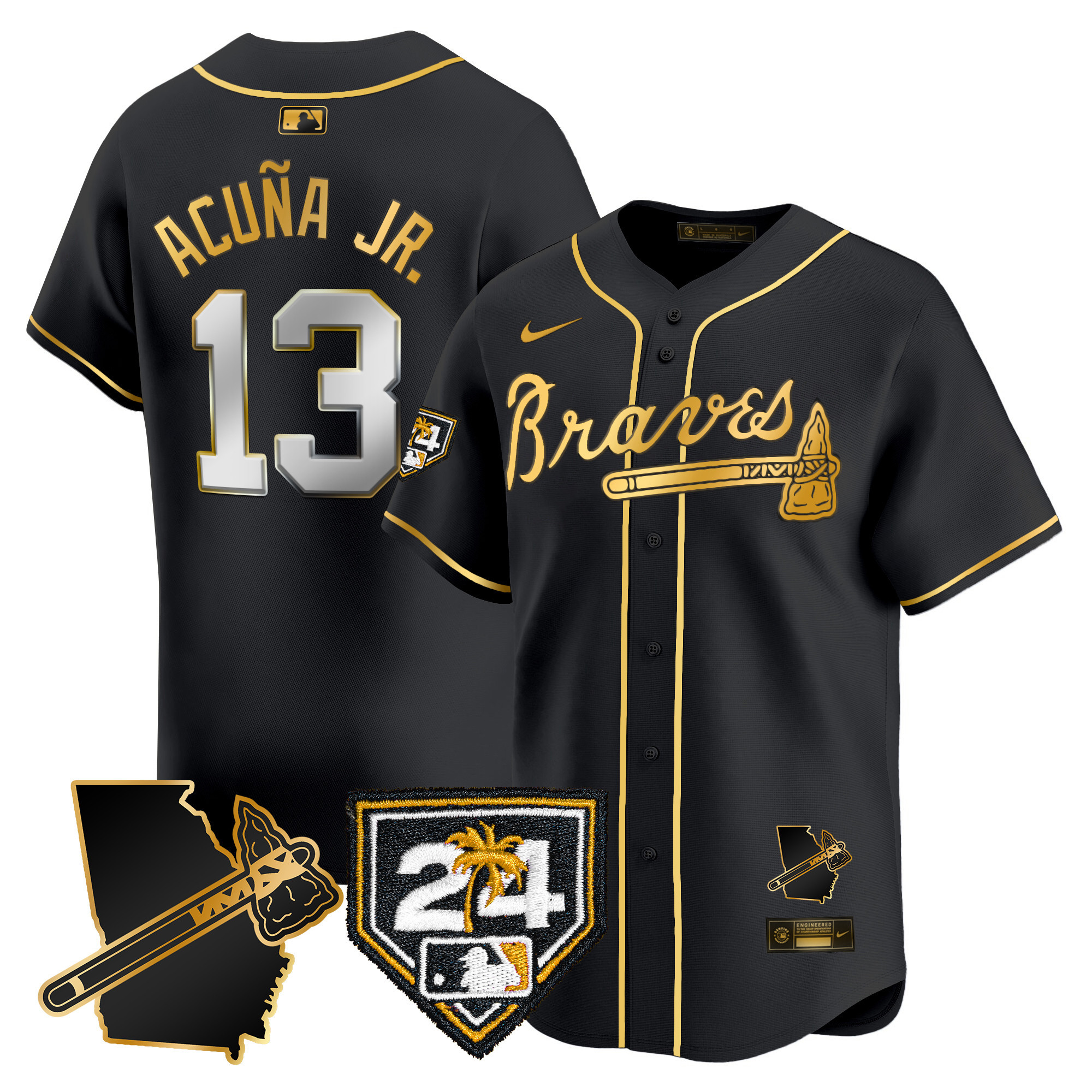 Ronald Acuna Jr. Men's Atlanta Braves 2024 Spring Training & Georgia Patch Vapor Premier Limited Black Gold Jersey - All Stitched