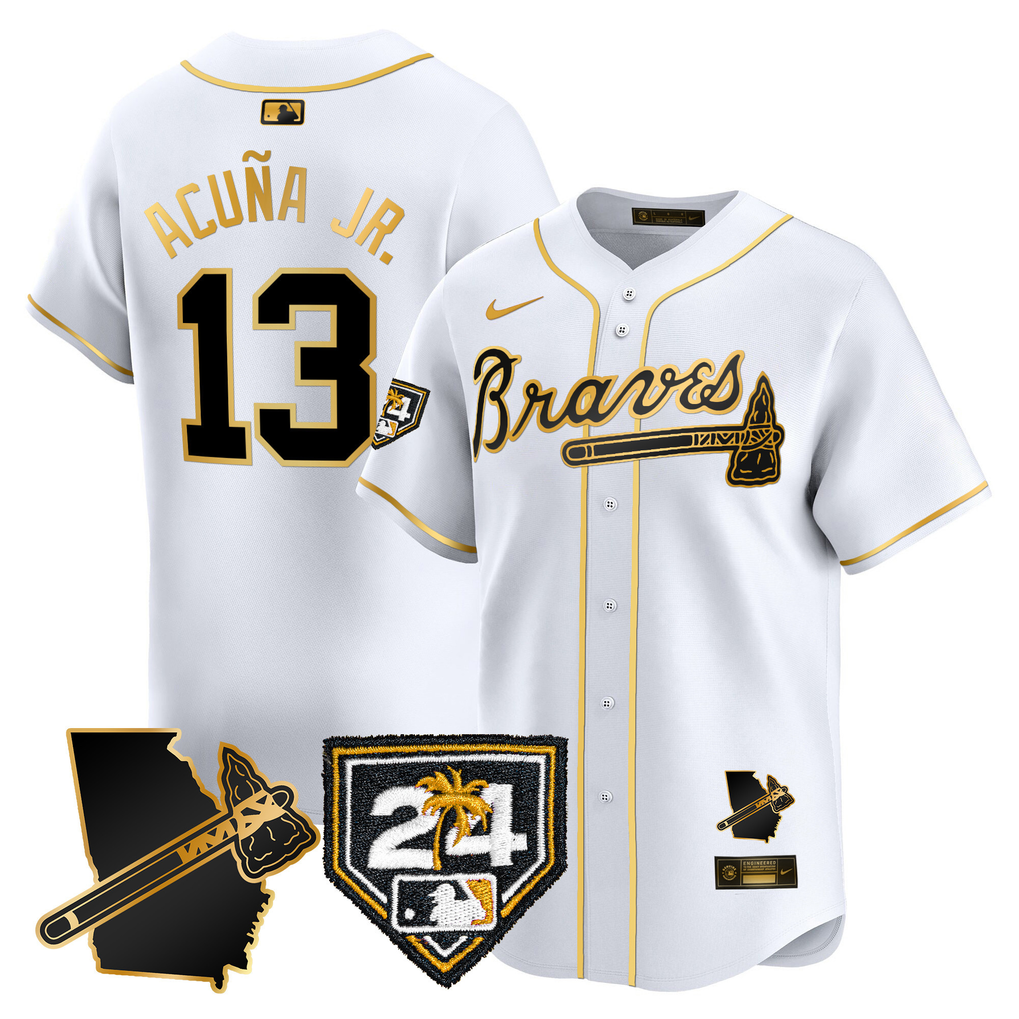 Ronald Acuna Jr. Men's Atlanta Braves 2024 Spring Training & Georgia Patch Vapor Premier Limited White Gold Jersey - All Stitched