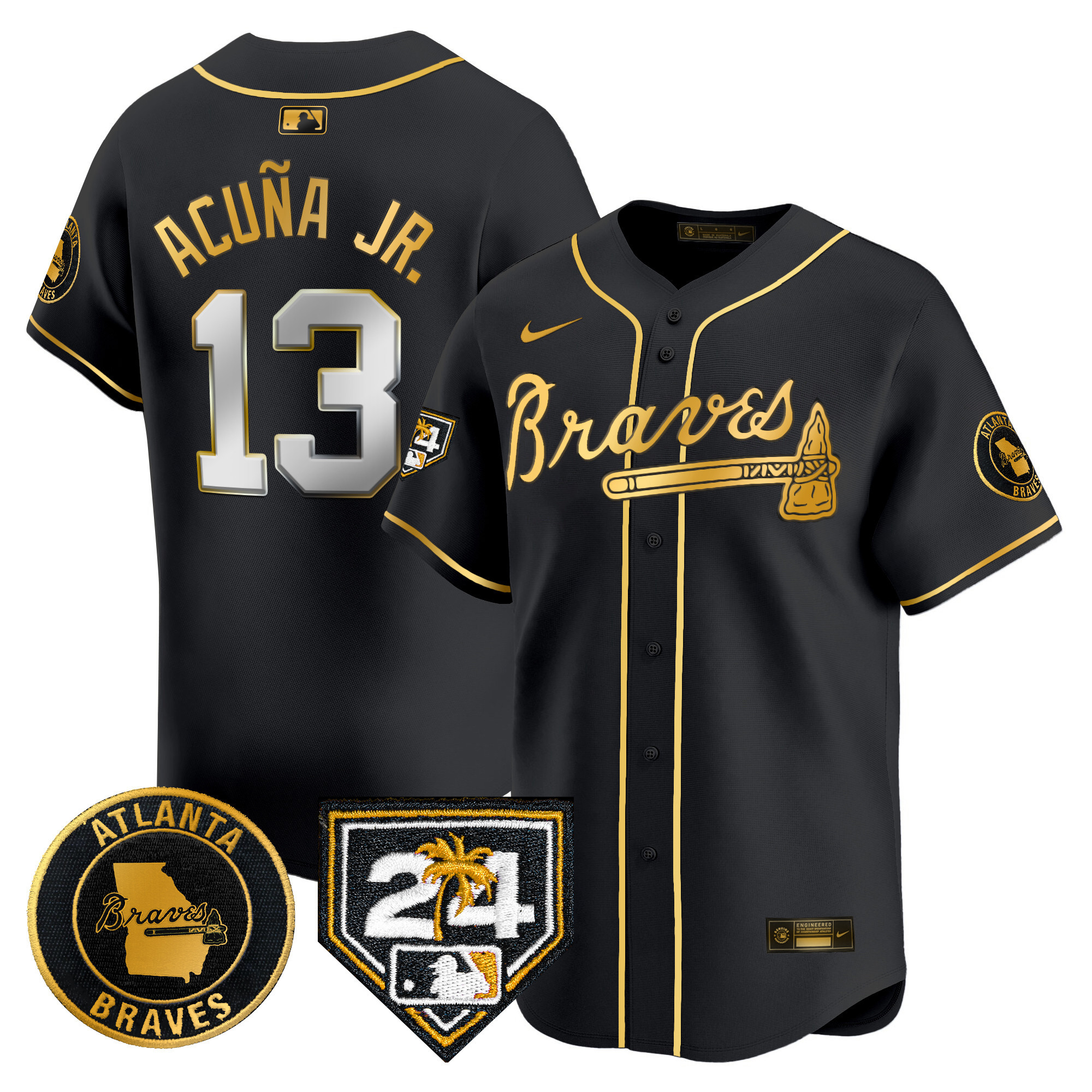 Ronald Acuna Jr. Men's Atlanta Braves 2024 Spring Training Patch Vapor Premier Limited Black Gold Jersey - All Stitched