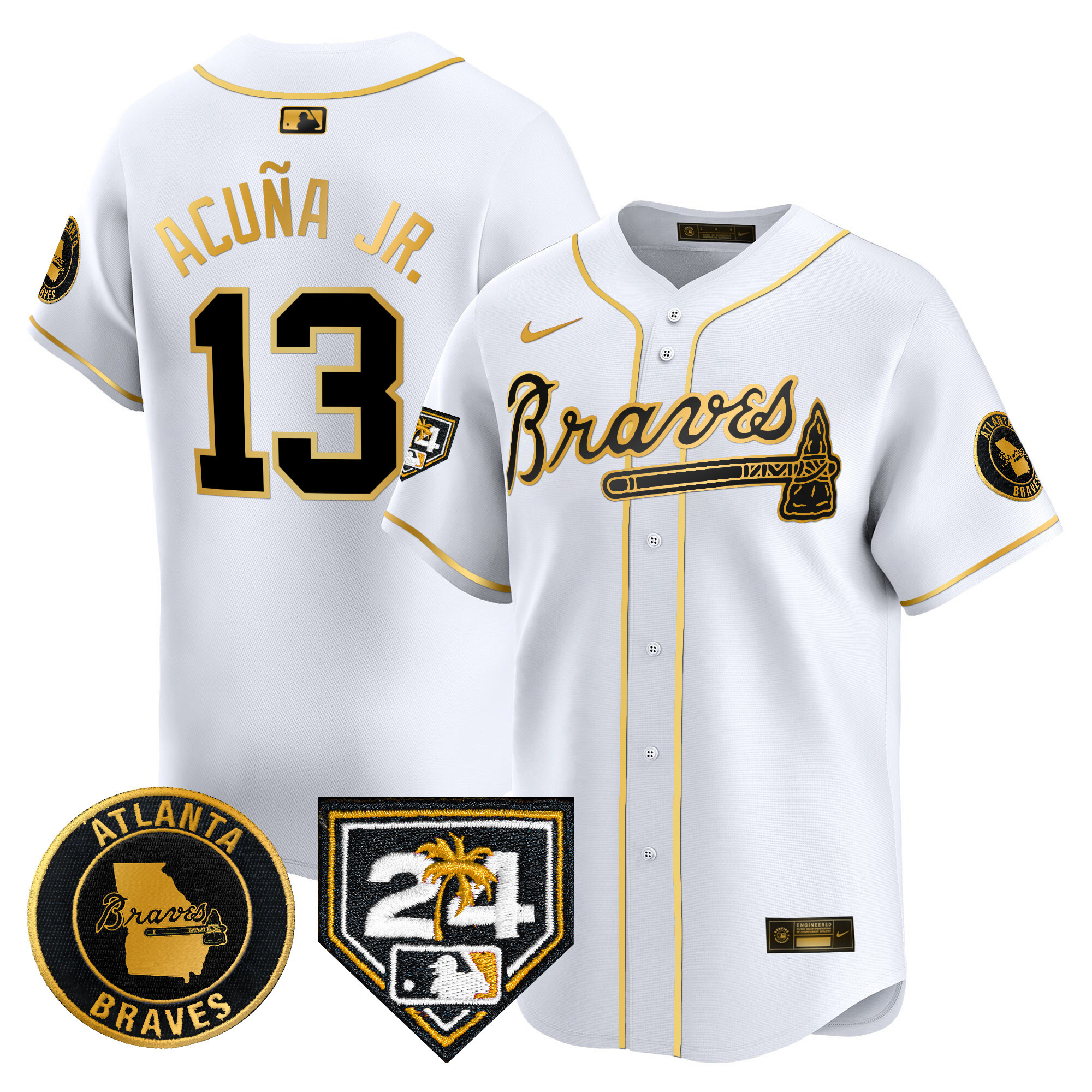 Ronald Acuna Jr. Men's Atlanta Braves 2024 Spring Training Patch Vapor Premier Limited White Gold Jersey - All Stitched