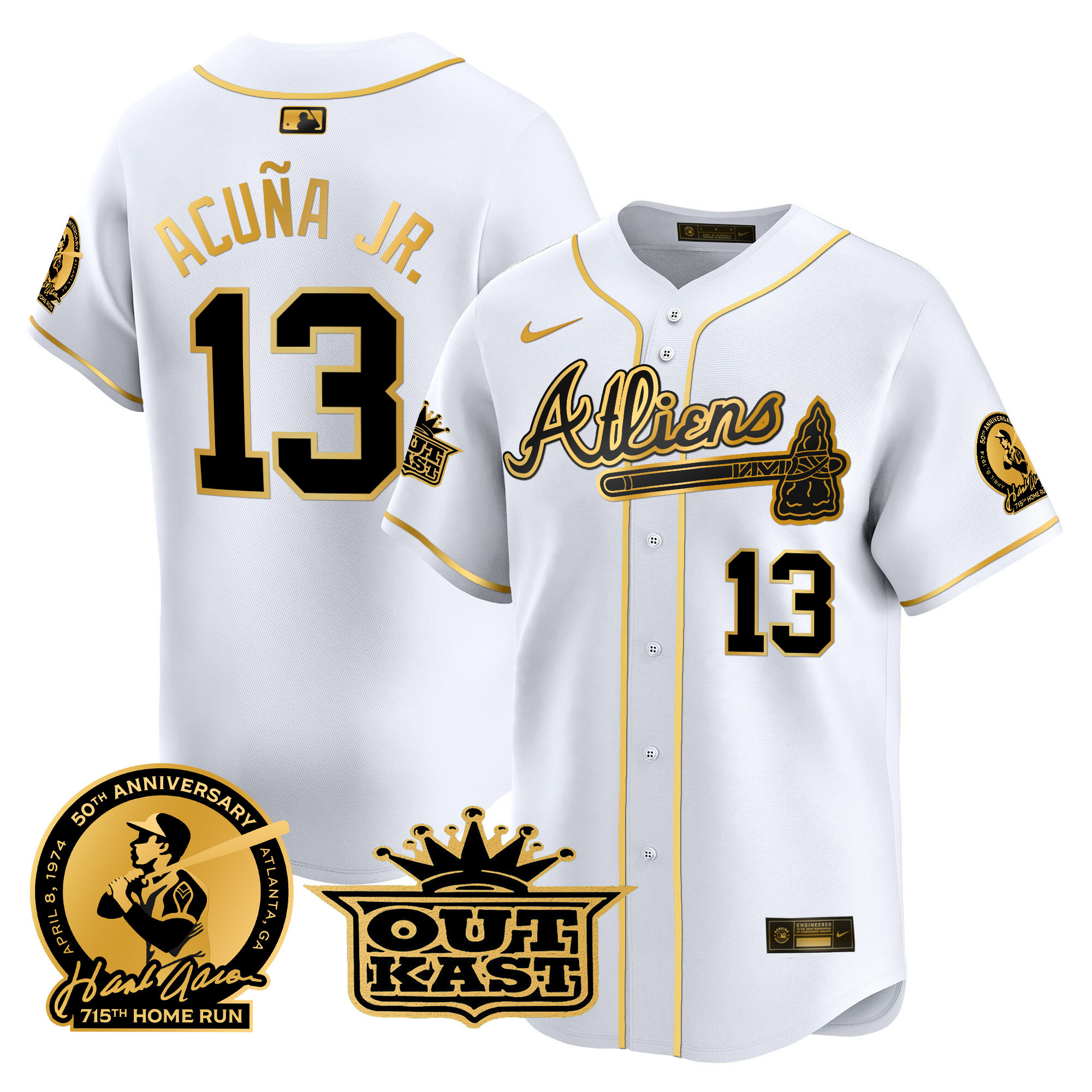 Ronald Acuna Jr. Men's Atlanta Braves Atliens & Hank Aaron Patch Vapor Premier Limited White Gold Jersey - All Stitched