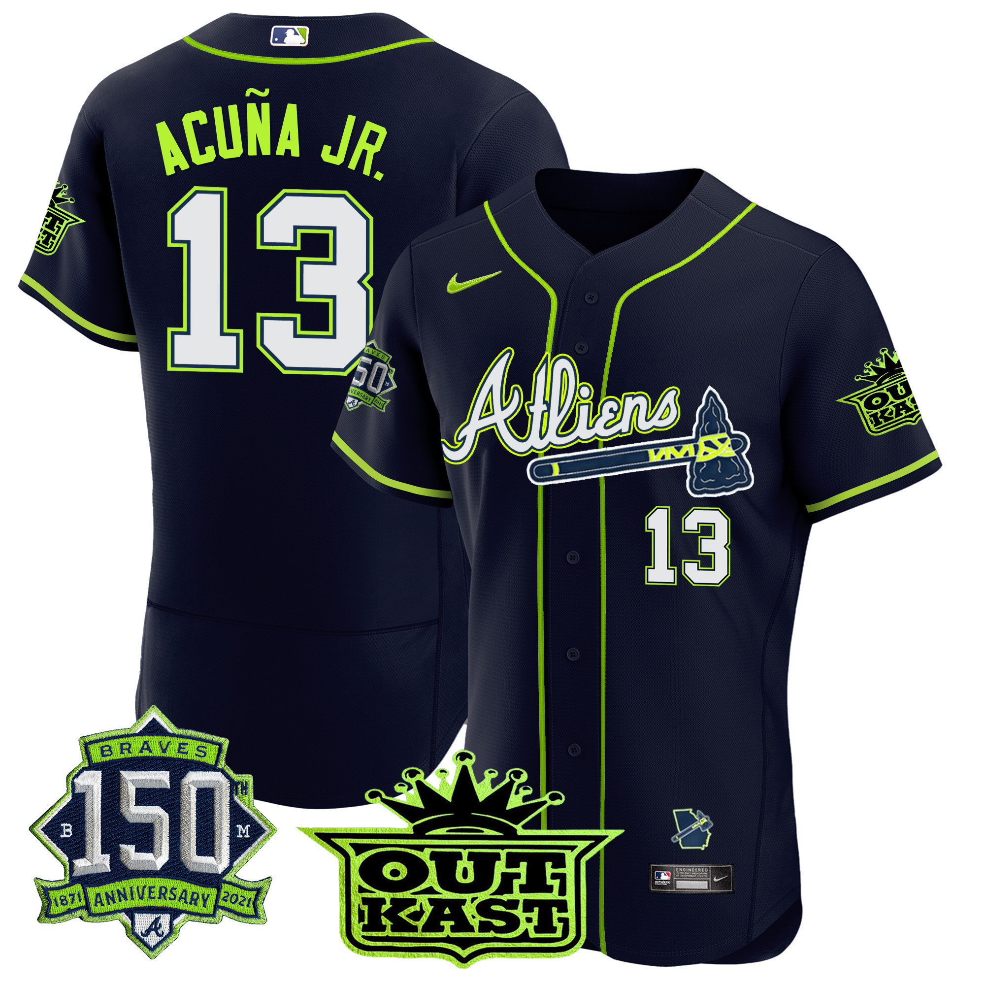 Ronald Acuna Jr. Men's Atlanta Braves Atliens 150th Anniversary Patch Flex Base Jersey - All Stitched