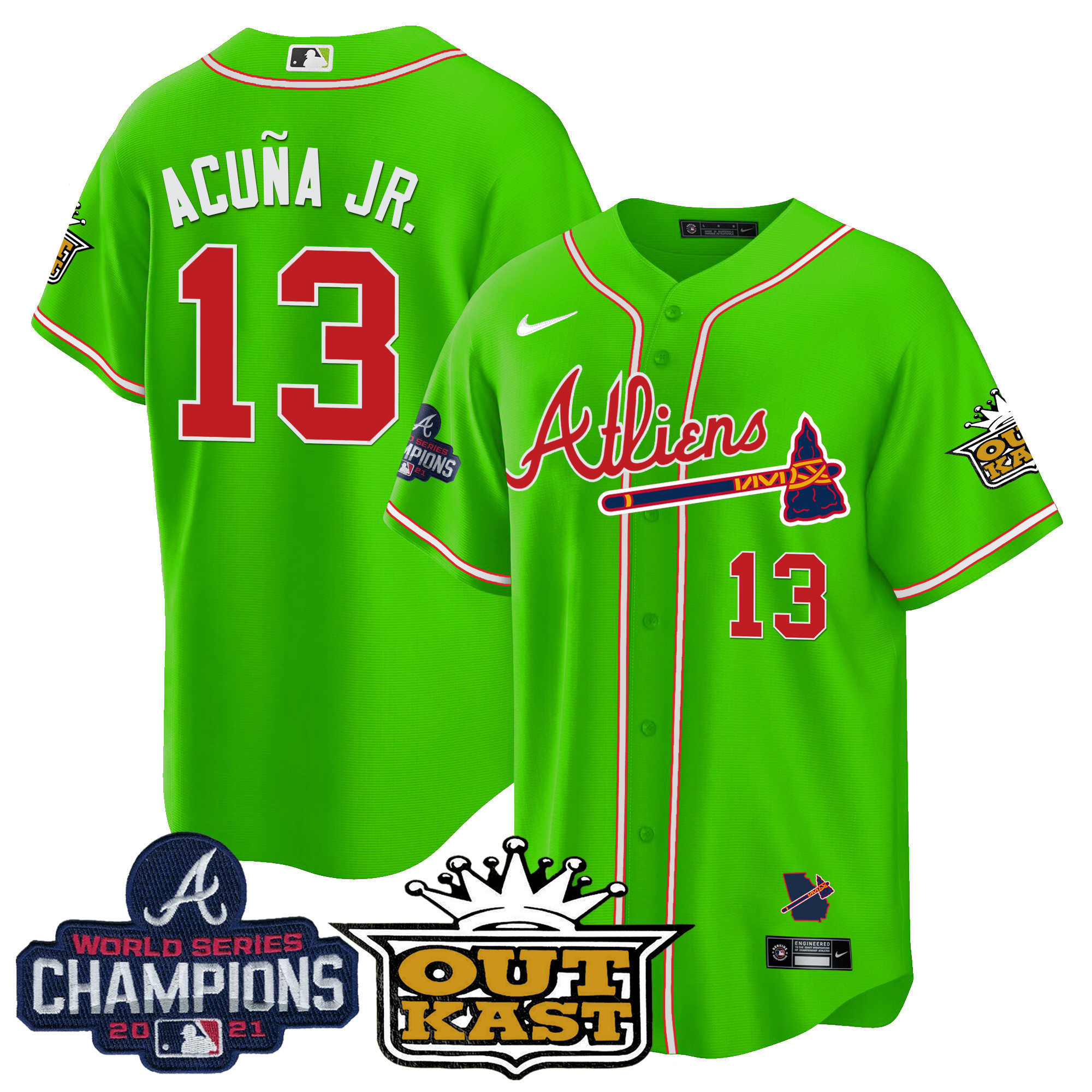 Ronald Acuna Jr. Men's Atlanta Braves Atliens Champions Cool Base Bright Green Jersey - All Stitched