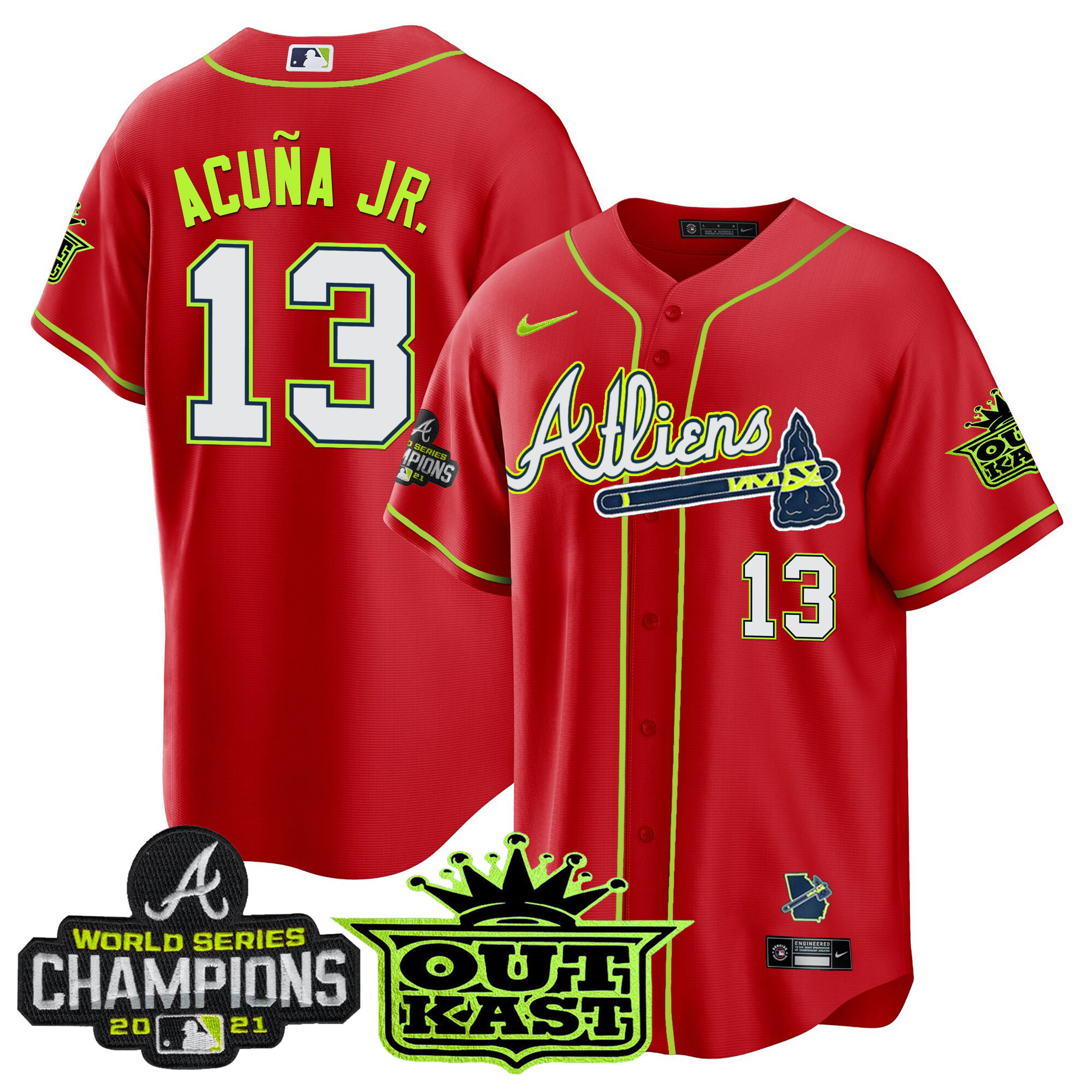 Ronald Acuna Jr. Men's Atlanta Braves Atliens Champions Cool Base Red Jersey - All Stitched