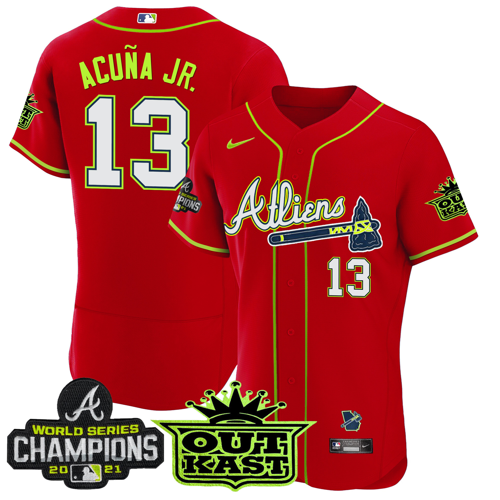 Ronald Acuna Jr. Men's Atlanta Braves Atliens Champions Flex Base Red Jersey - All Stitched