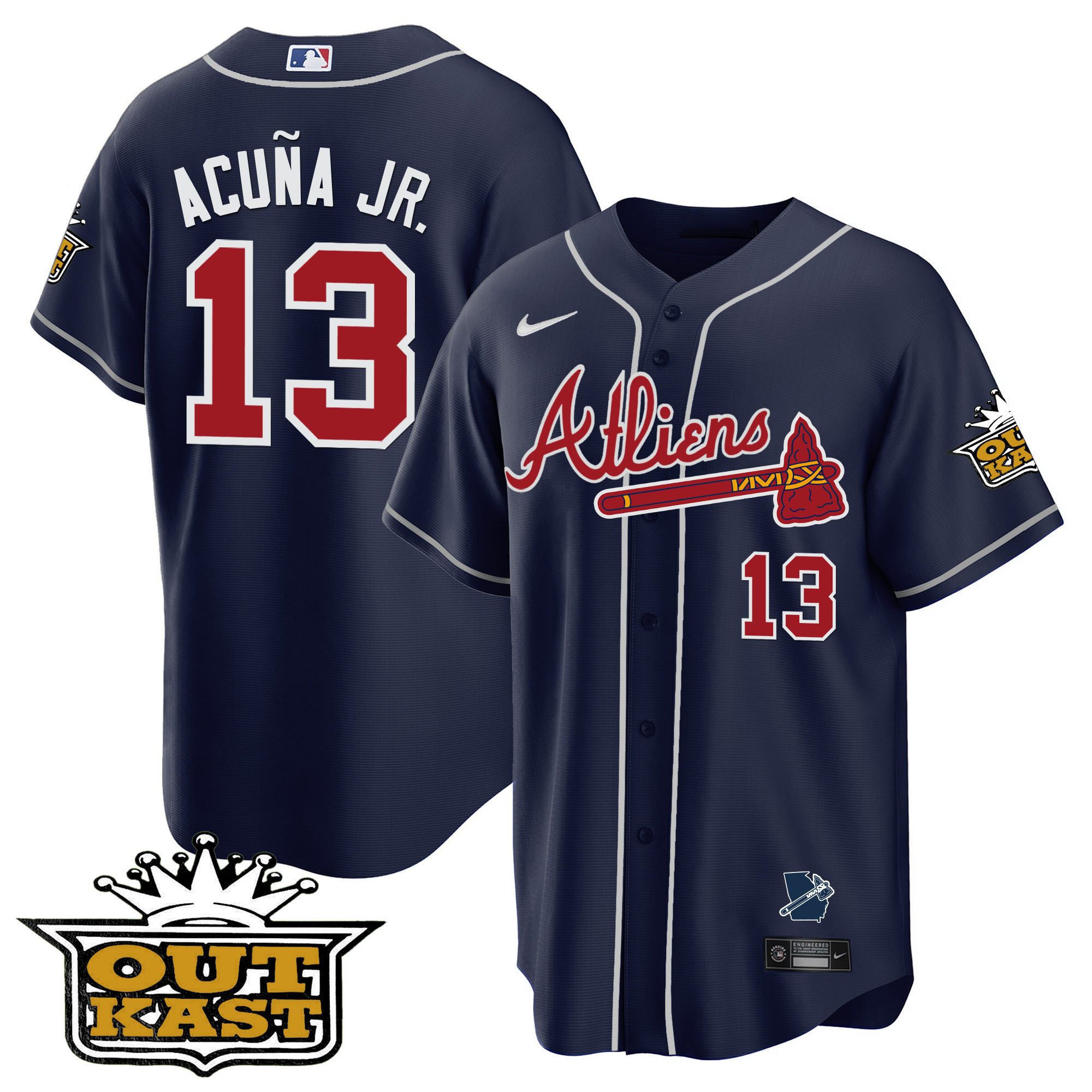 Ronald Acuna Jr. Men's Atlanta Braves Atliens Cool Base V2 Navy Jersey - All Stitched