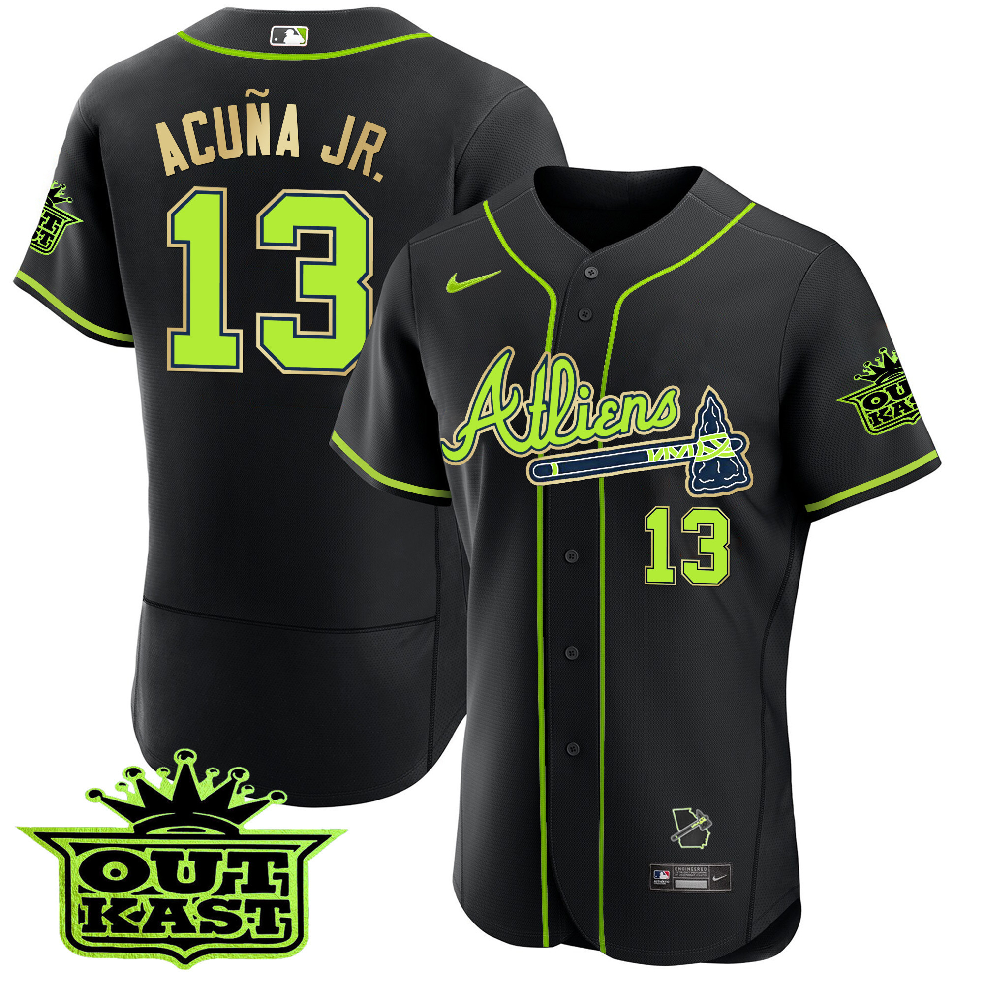 Ronald Acuna Jr. Men's Atlanta Braves Atliens Flex Base Gold Trim Black Jersey - All Stitched