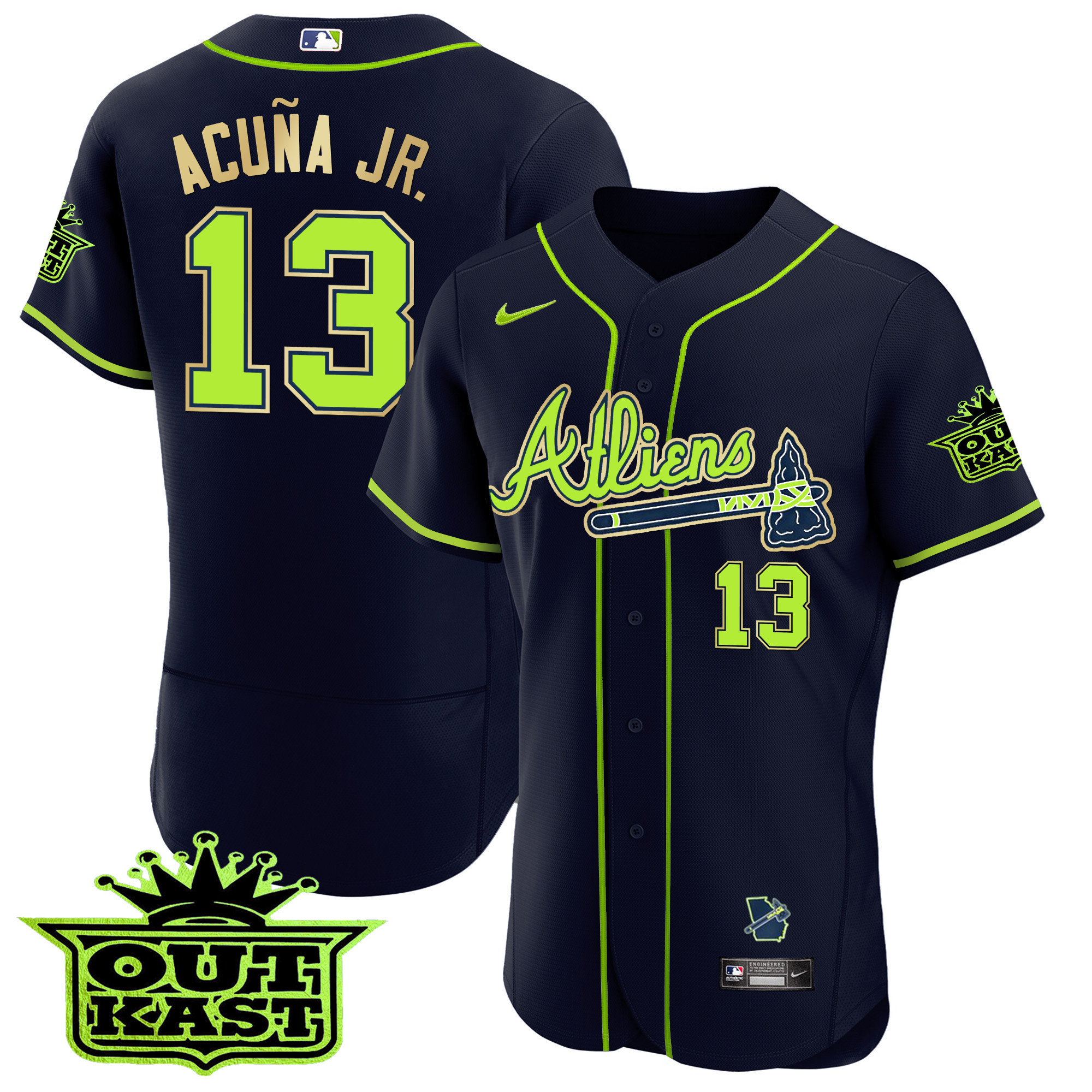 Ronald Acuna Jr. Men's Atlanta Braves Atliens Flex Base Gold Trim Jersey - All Stitched
