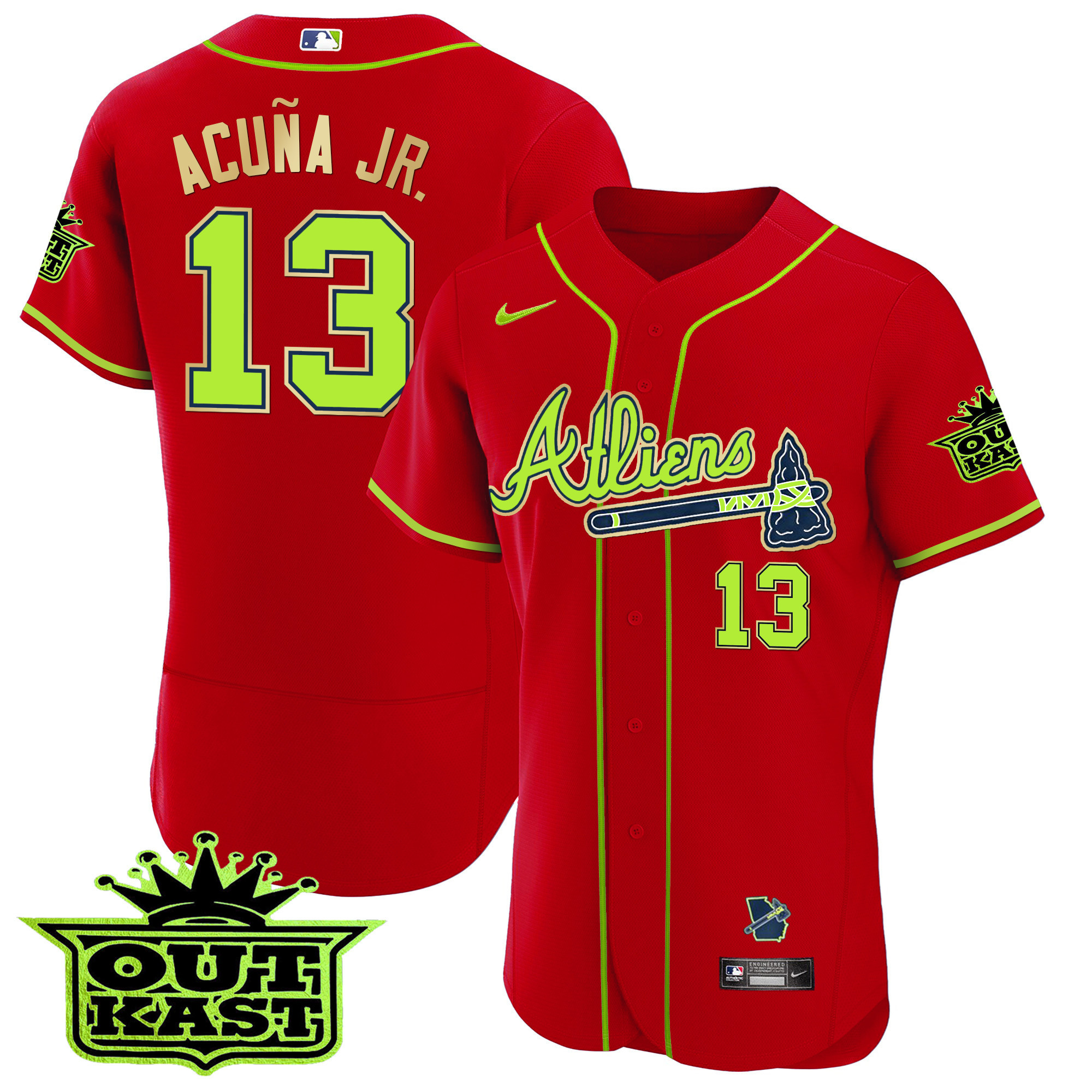 Ronald Acuna Jr. Men's Atlanta Braves Atliens Flex Base Gold Trim Red Jersey - All Stitched