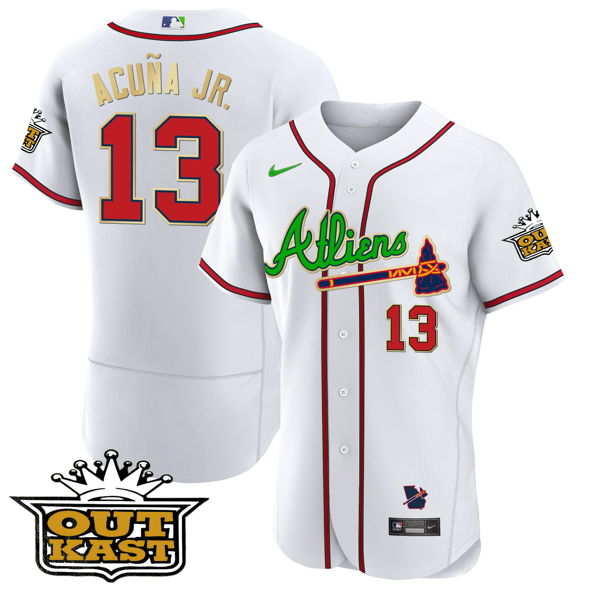 Ronald Acuna Jr. Men's Atlanta Braves Atliens Flex Base Gold Trim White Jersey - All Stitched
