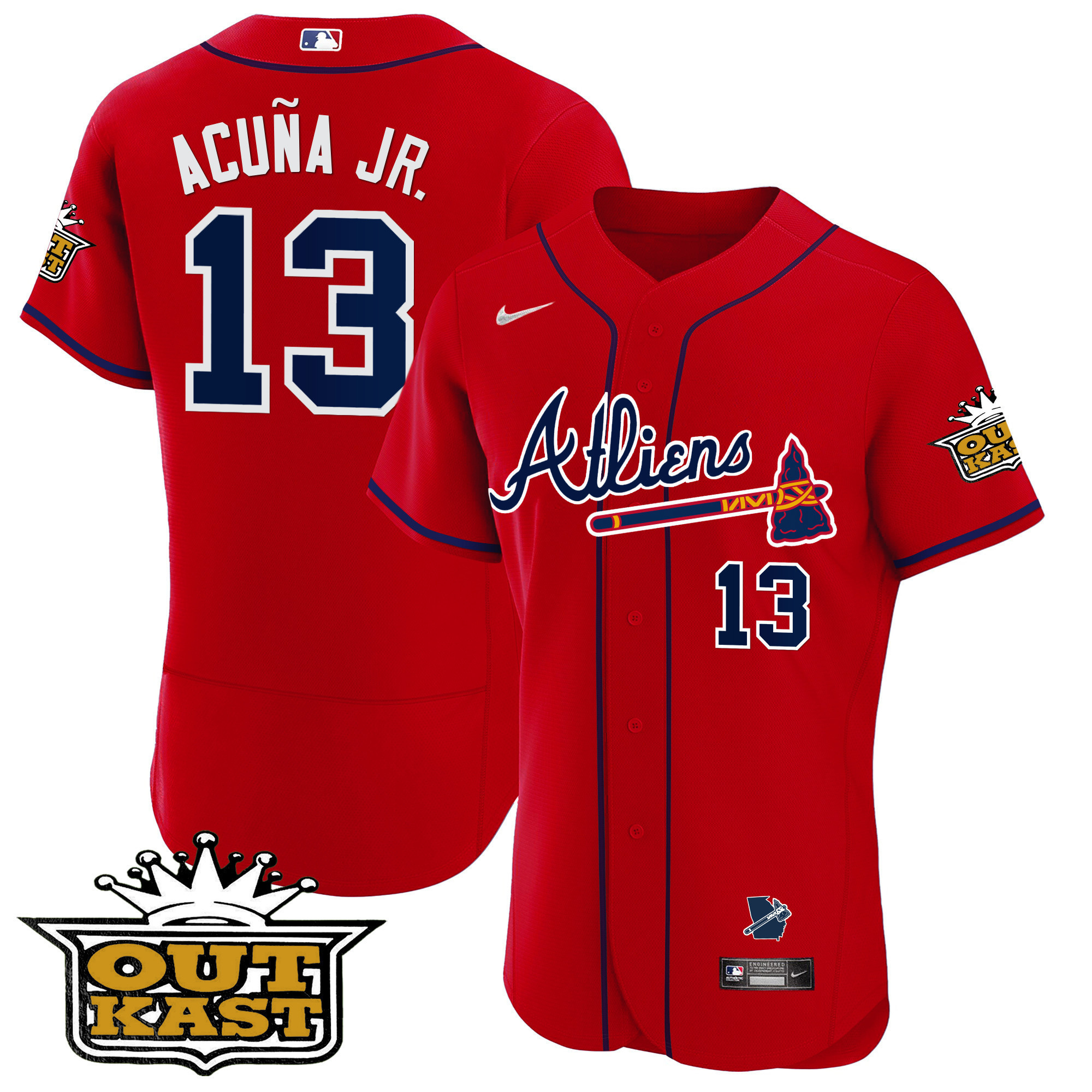 Ronald Acuna Jr. Men's Atlanta Braves Atliens Flex Base V2 Red Jersey - All Stitched