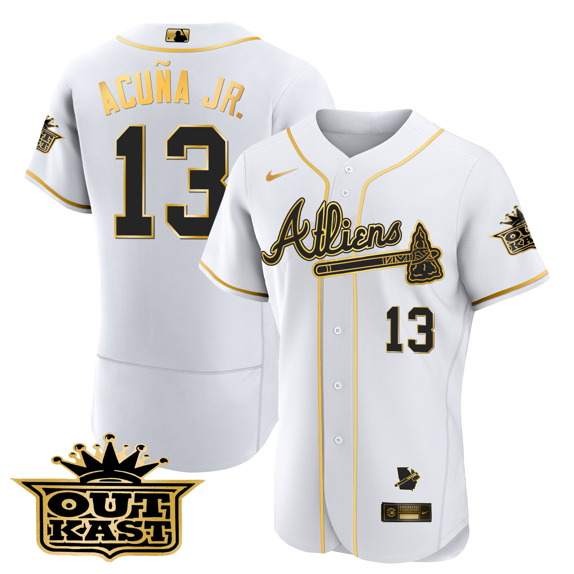 Ronald Acuna Jr. Men's Atlanta Braves Atliens Flex Base V2 White Gold Jersey - All Stitched
