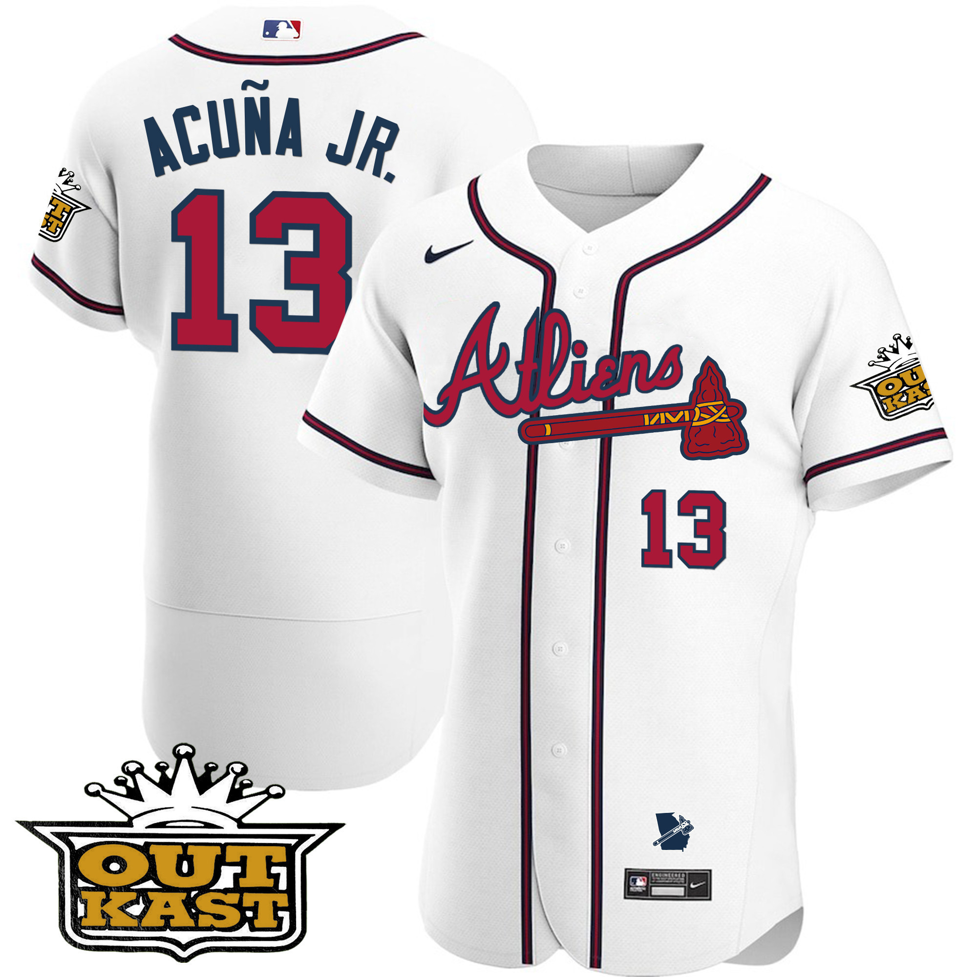 Ronald Acuna Jr. Men's Atlanta Braves Atliens Flex Base V2 White Jersey - All Stitched