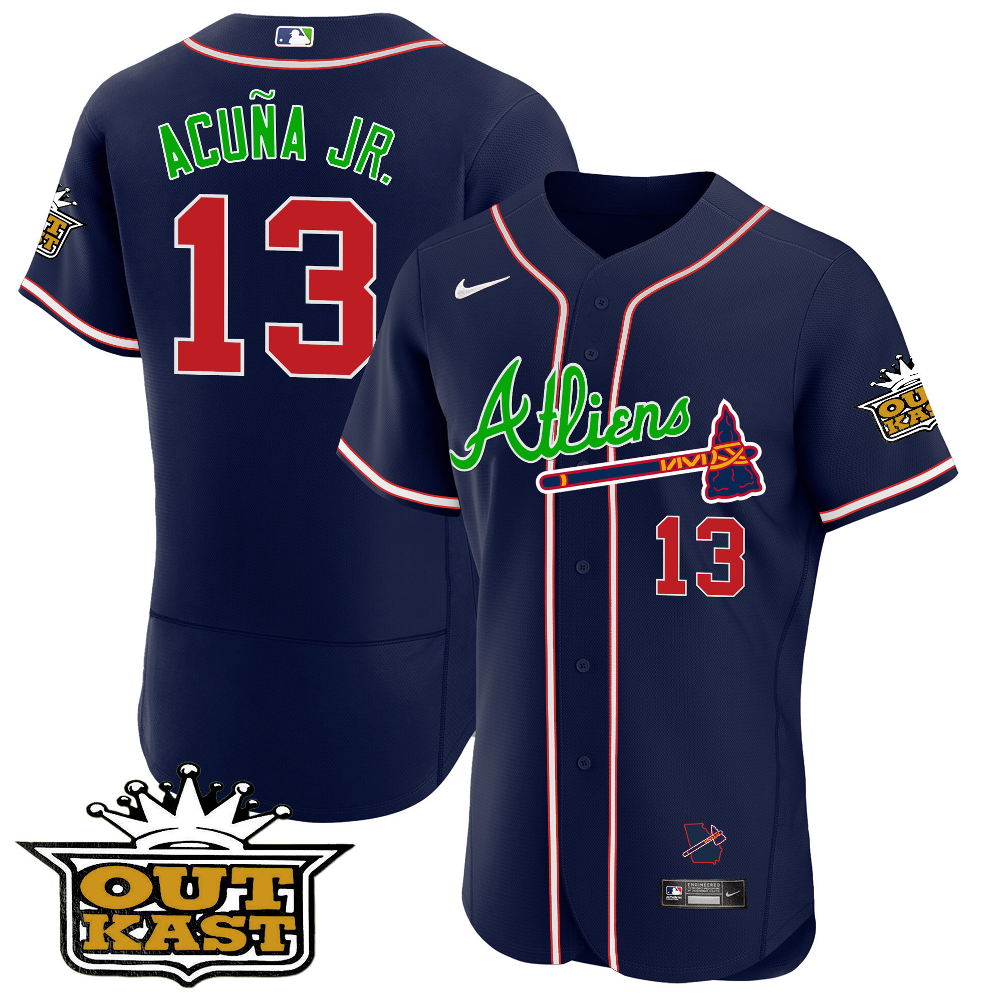 Ronald Acuna Jr. Men's Atlanta Braves Atliens Flex Base V4 Navy Jersey - All Stitched