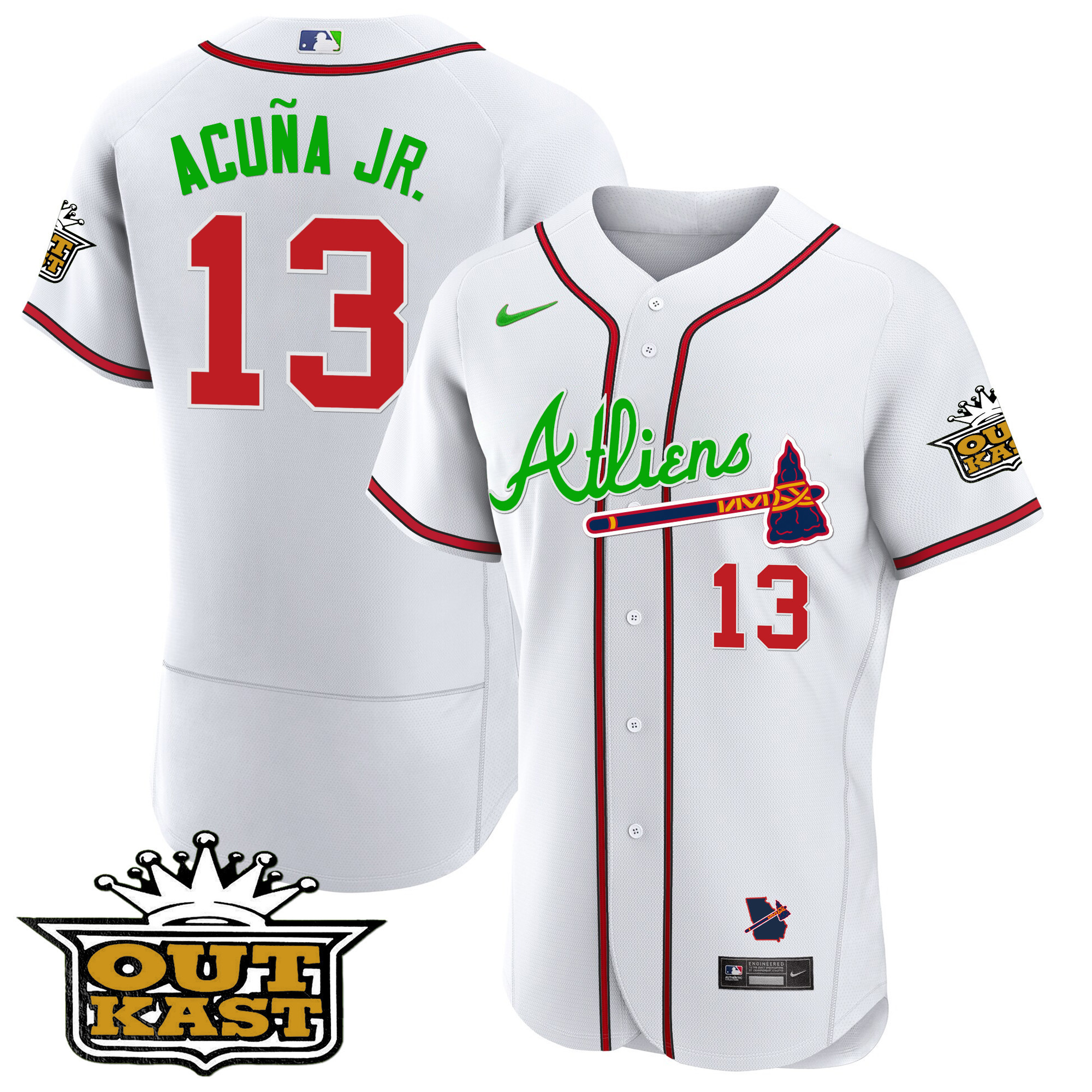 Ronald Acuna Jr. Men's Atlanta Braves Atliens Flex Base V4 White Jersey - All Stitched