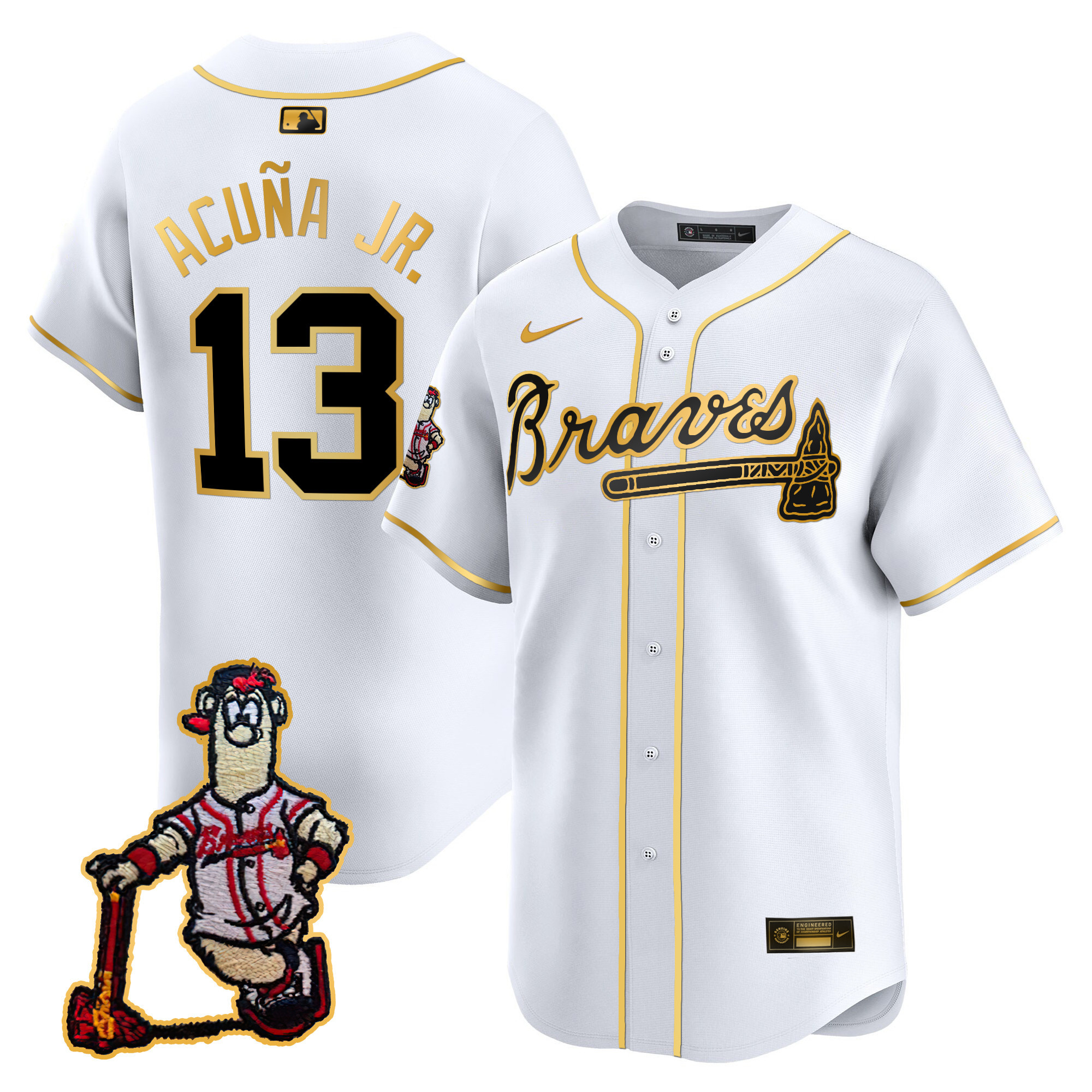 Ronald Acuna Jr. Men's Atlanta Braves Blooper Patch Vapor Premier Limited White Gold Jersey - All Stitched