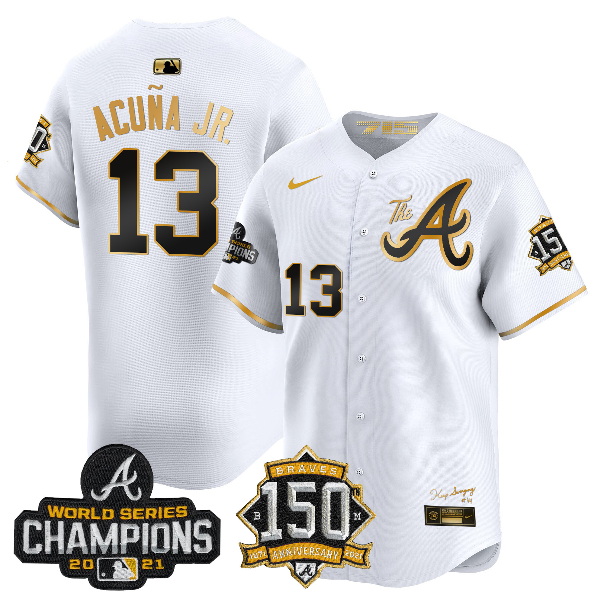 Ronald Acuna Jr. Men's Atlanta Braves Champions & 150th Patch Vapor Premier Limited White Gold Jersey - All Stitched