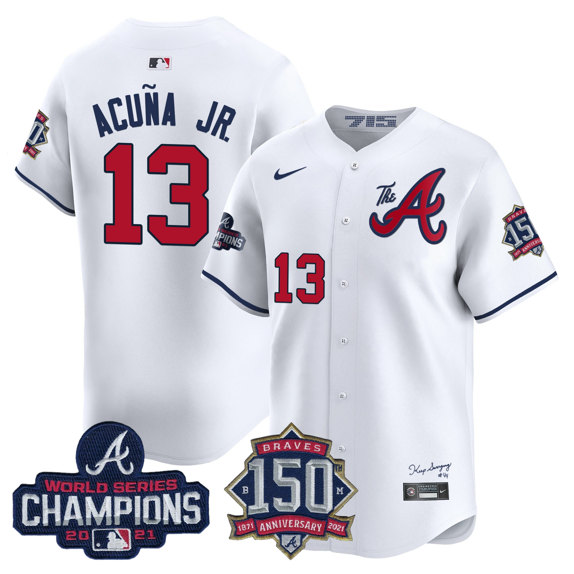 Ronald Acuna Jr. Men's Atlanta Braves Champions & 150th Patch Vapor Premier Limited White Jersey - All Stitched
