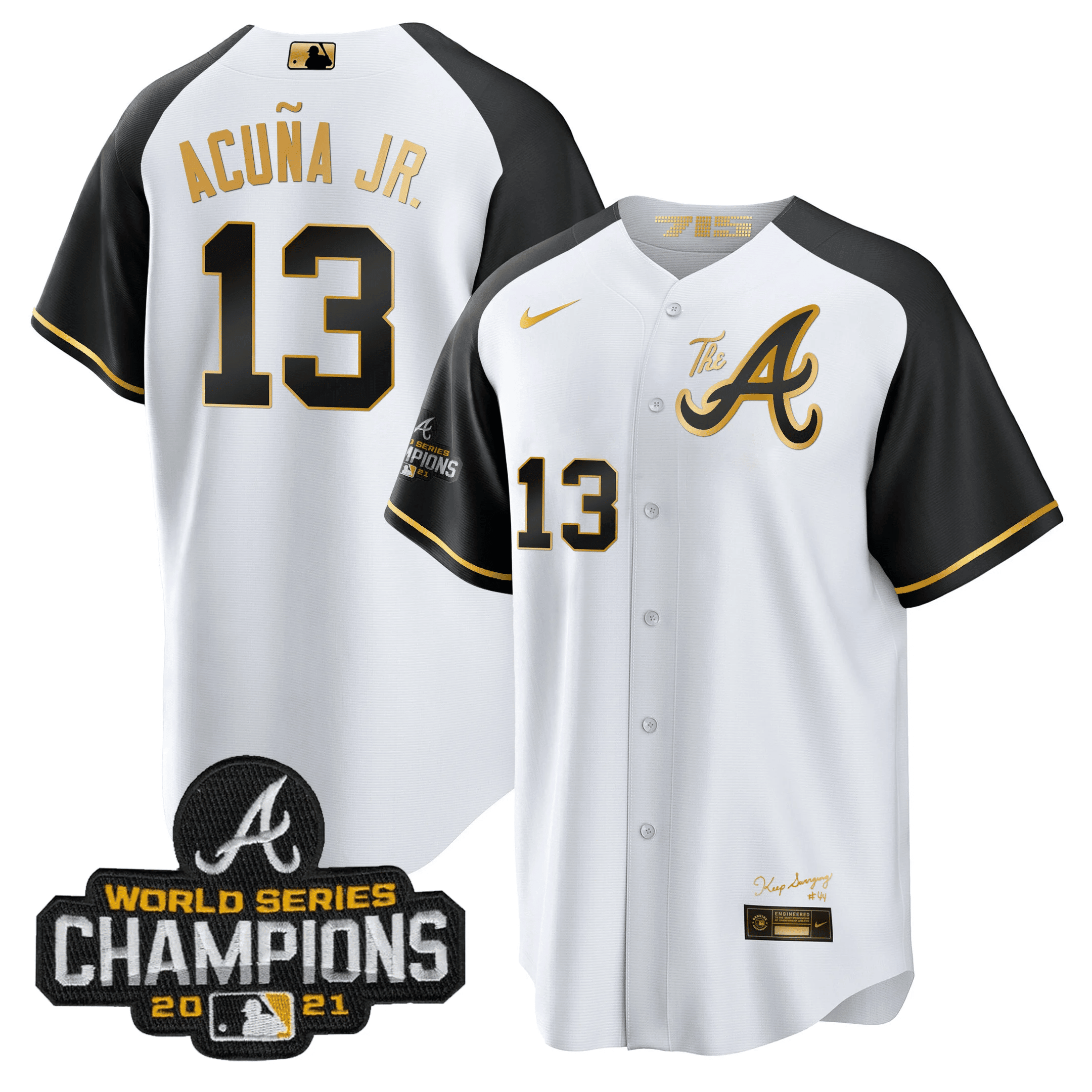 Ronald Acuna Jr. Men's Atlanta Braves Champions Alternate Gold Cool Base Black Sleeves Jersey - All Stitched
