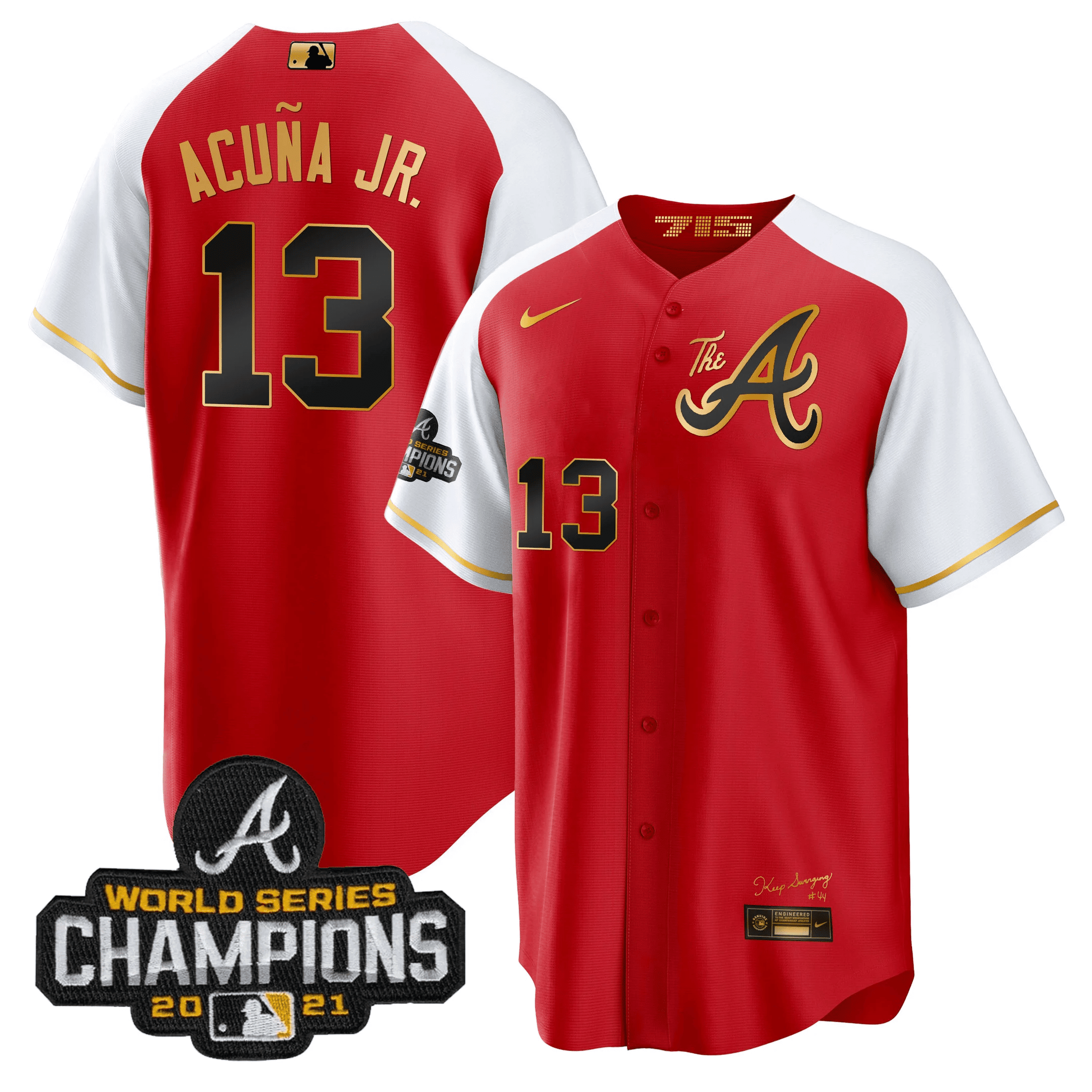 Ronald Acuna Jr. Men's Atlanta Braves Champions Alternate Gold Cool Base Red Jersey - All Stitched