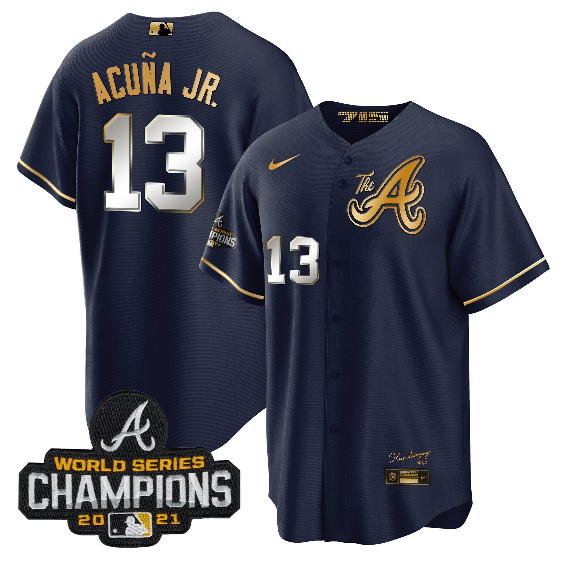 Ronald Acuna Jr. Men's Atlanta Braves Champions City Connect Gold Cool Base Navy Gold Jersey - All Stitched
