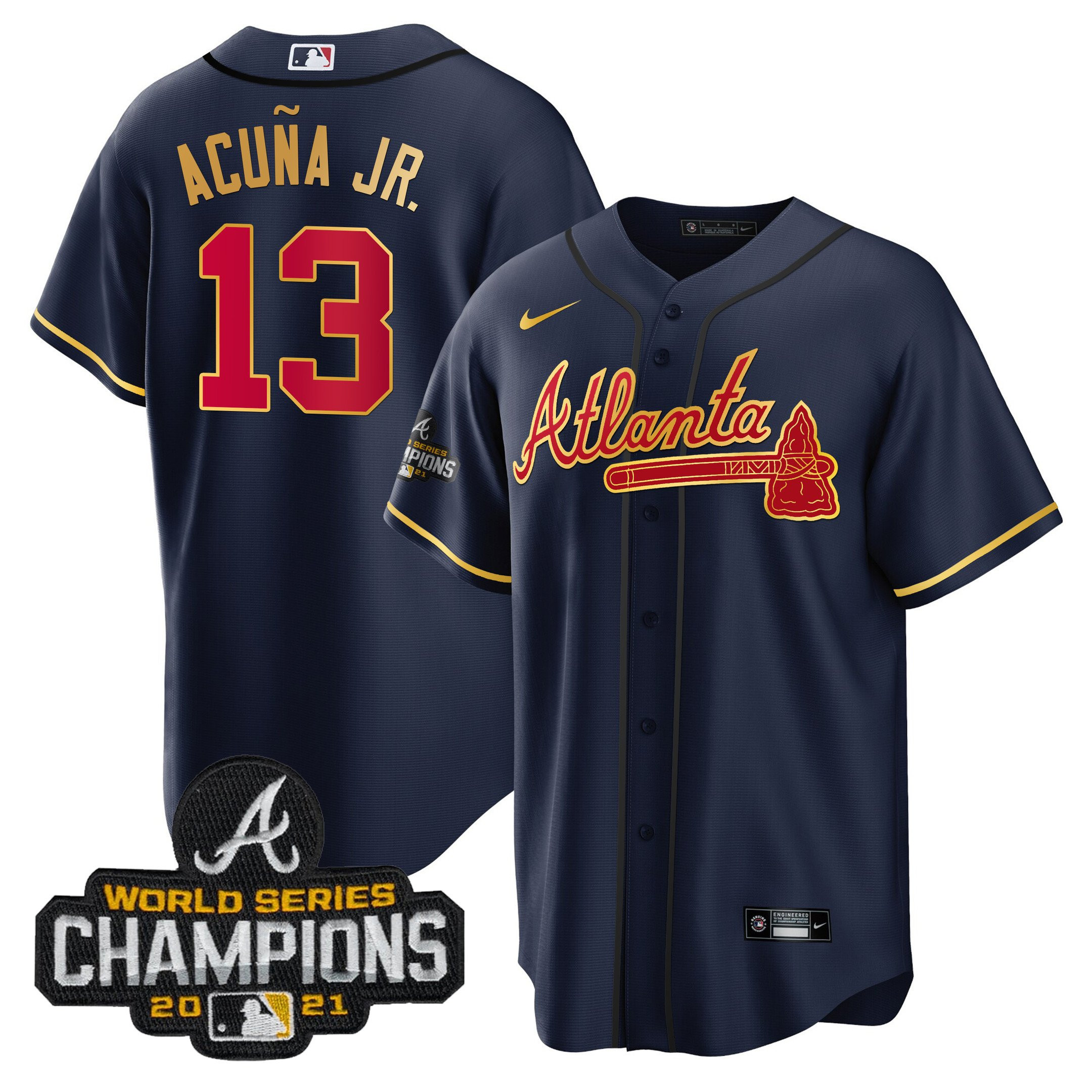 Ronald Acuna Jr. Men's Atlanta Braves Champions Patch Gold Trim Cool Navy Jersey - All Stitched