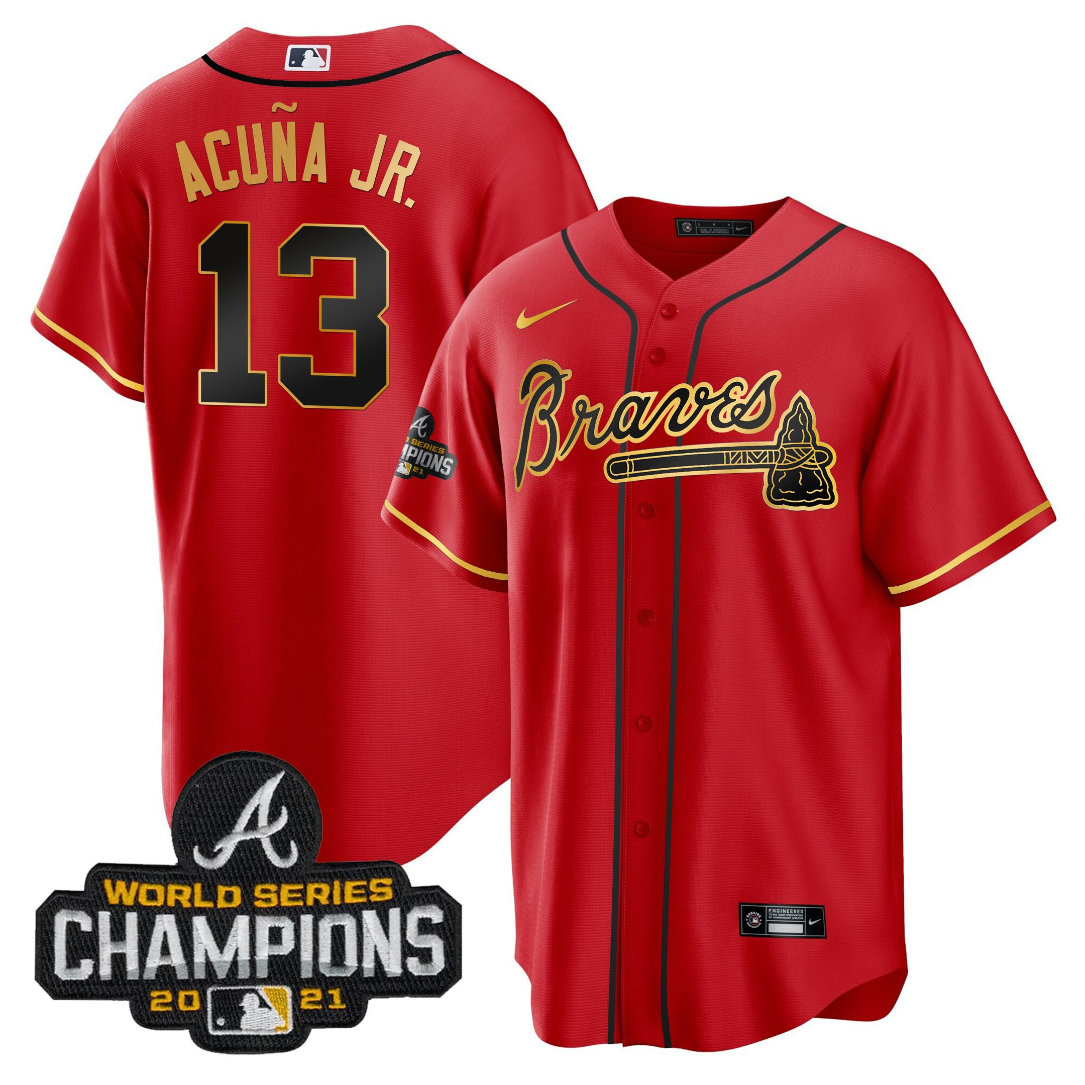 Ronald Acuna Jr. Men's Atlanta Braves Champions Patch Gold Trim Cool Red Jersey - All Stitched