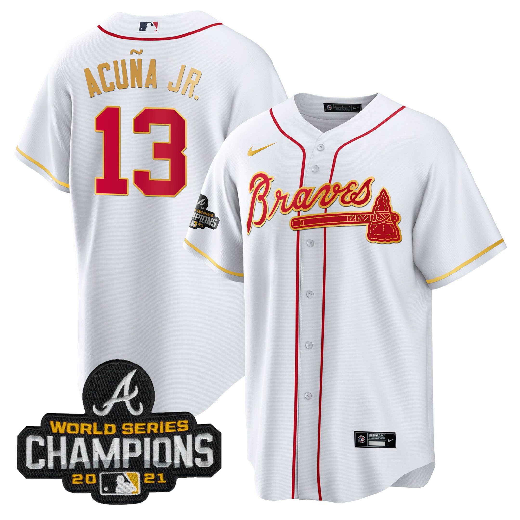 Ronald Acuna Jr. Men's Atlanta Braves Champions Patch Gold Trim Cool White Jersey - All Stitched