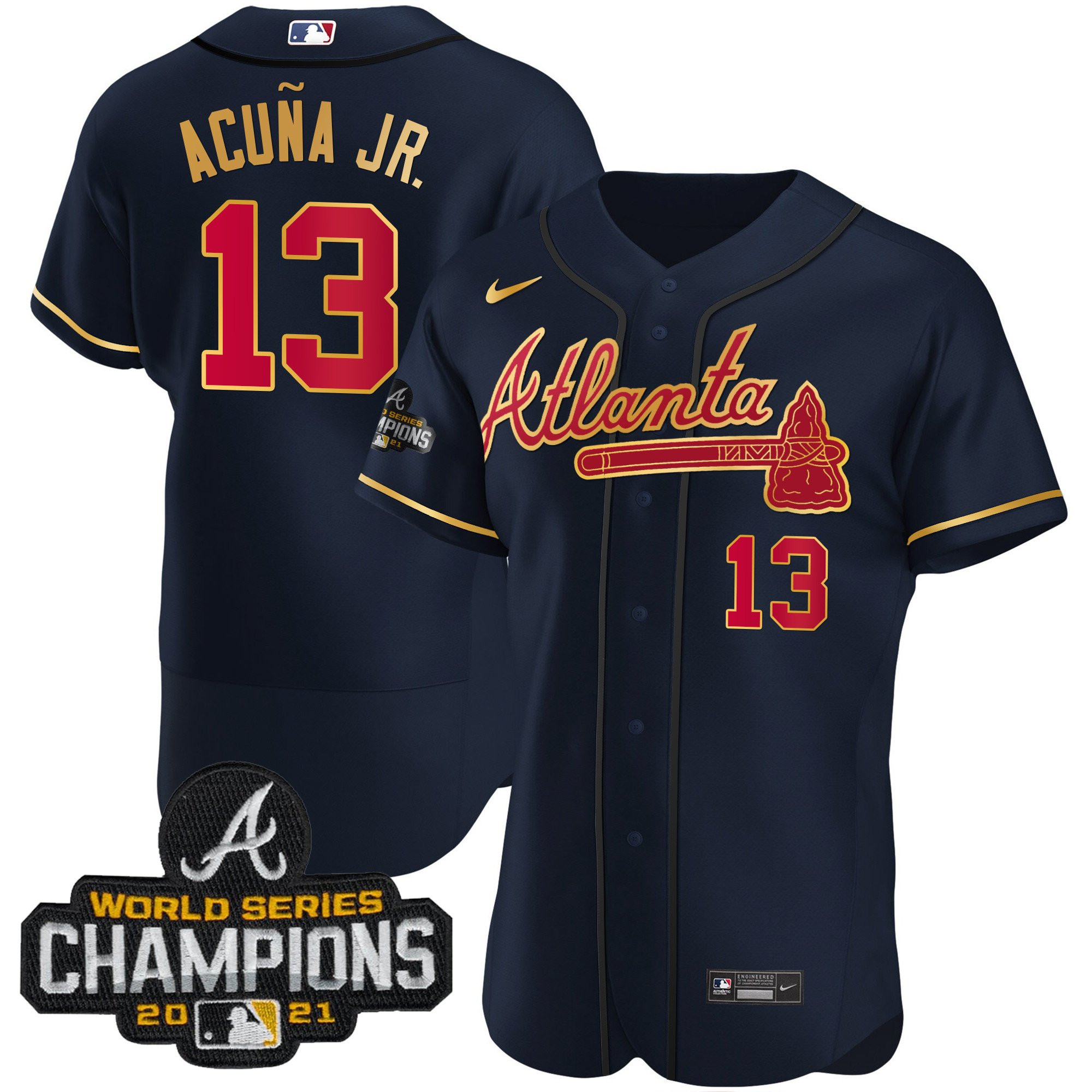 Ronald Acuna Jr. Men's Atlanta Braves Champions Patch Gold Trim Flex Navy Jersey - All Stitched