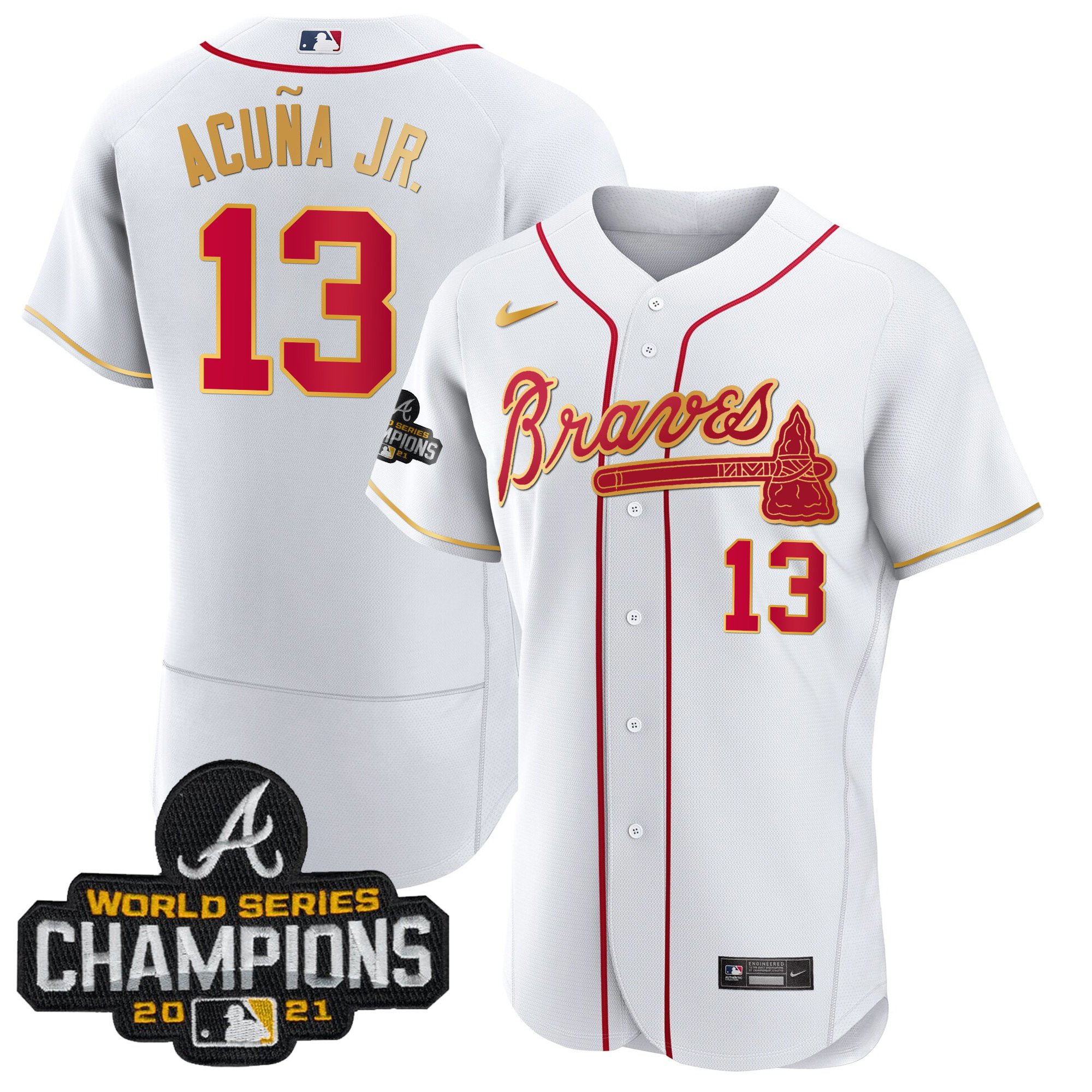 Ronald Acuna Jr. Men's Atlanta Braves Champions Patch Gold Trim Flex White Jersey - All Stitched