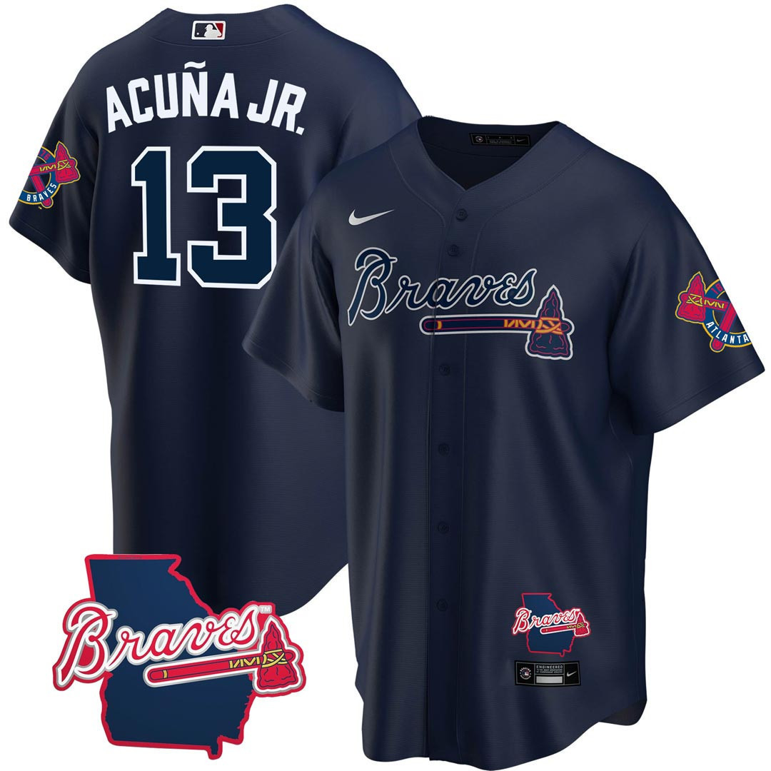 Ronald Acuna Jr. Men's Atlanta Braves Georgia State Patch - Navy Cool Base  Jersey - All Stitched