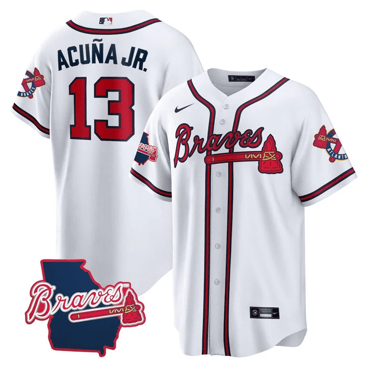 Ronald Acuna Jr. Men's Atlanta Braves Georgia State Patch - White Cool Base Jersey - All Stitched