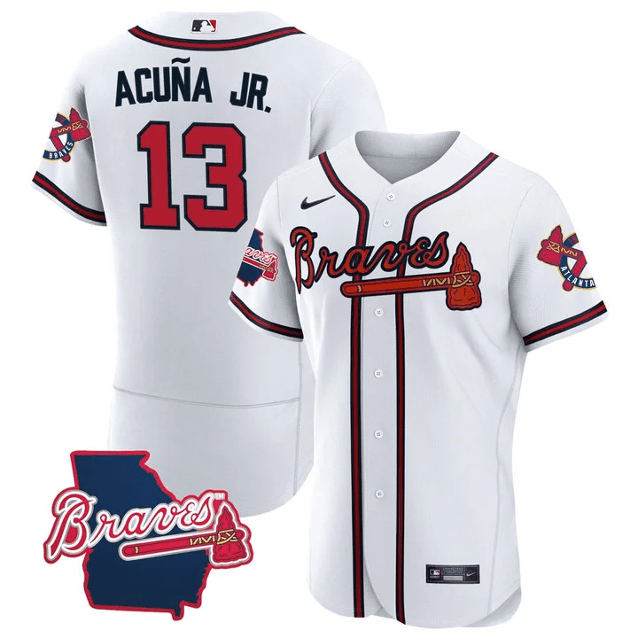Ronald Acuna Jr. Men's Atlanta Braves Georgia State Patch - White Flex Base Jersey - All Stitched